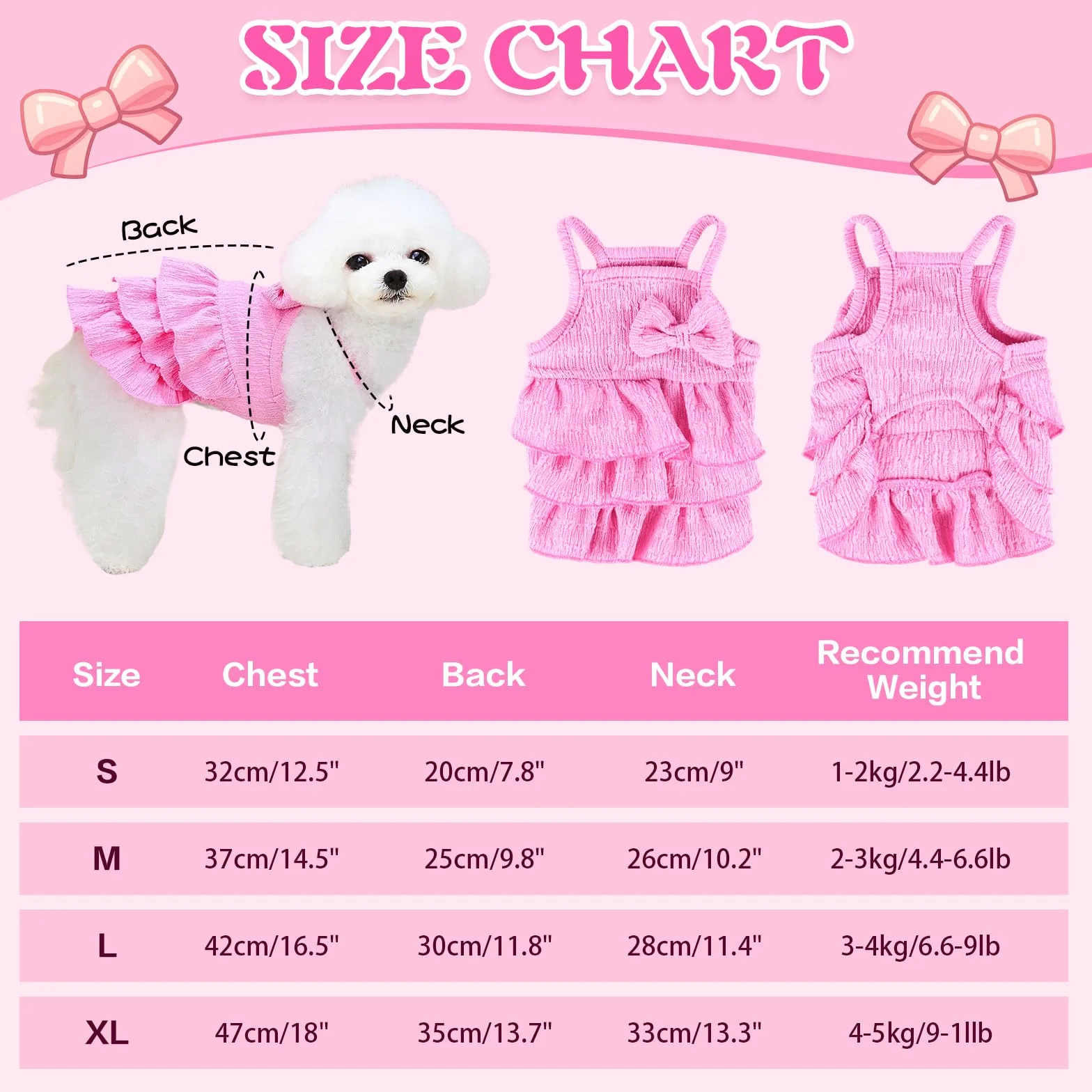 Vestito estivo per cani piccoli e medi con fiocco rosa L (3-4) per Yorkie Chihuahua