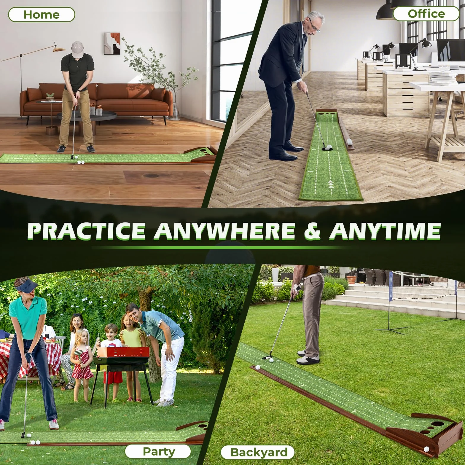 LIFEZEAL Tappetino Golf Allenamento con Buche per Interni, Tappeto Portatile con Ritorno Automatico, Base per Golf, Pad con 3 Panlline per Golf, Tappetino di Appoggio per Esterni (3 buche)