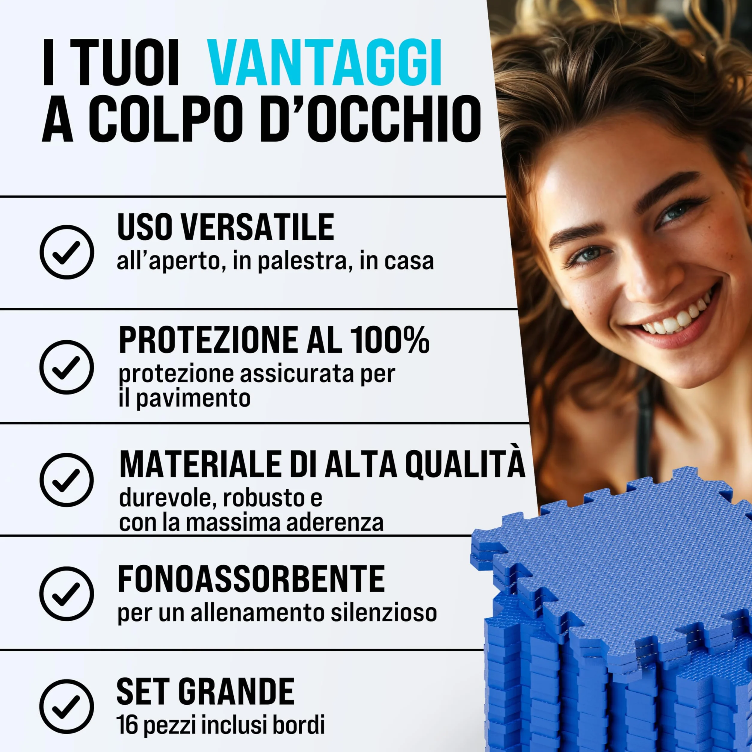 MONZANA Tappetino Fitness Tappeto da Ginnastica a Puzzle 16 Pezzi 180x180cm 3,24m² Sistema ad Incastro Palestra Protezione Pavimento in Gomma EVA Tappetini Sport Yoga Allenamento