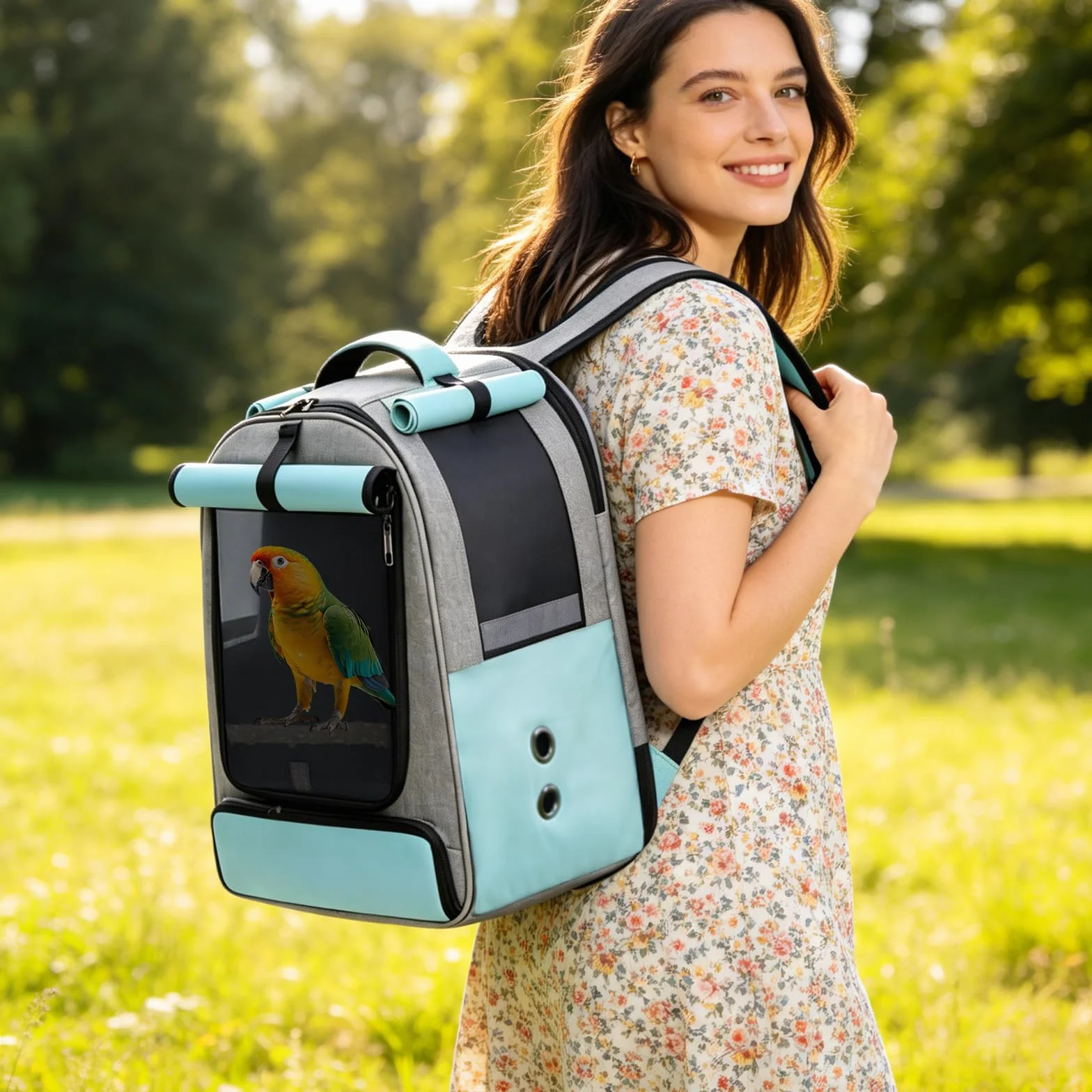 PETCUTE Zaino da Trasporto Uccelli,Borsa per Uccelli Pieghevole con Distributore di Cibo e Asta,Leggero,Borsa da Viaggio Portatile per Pappagalli,per Viaggi,Escursioni, Campeggio,Blu