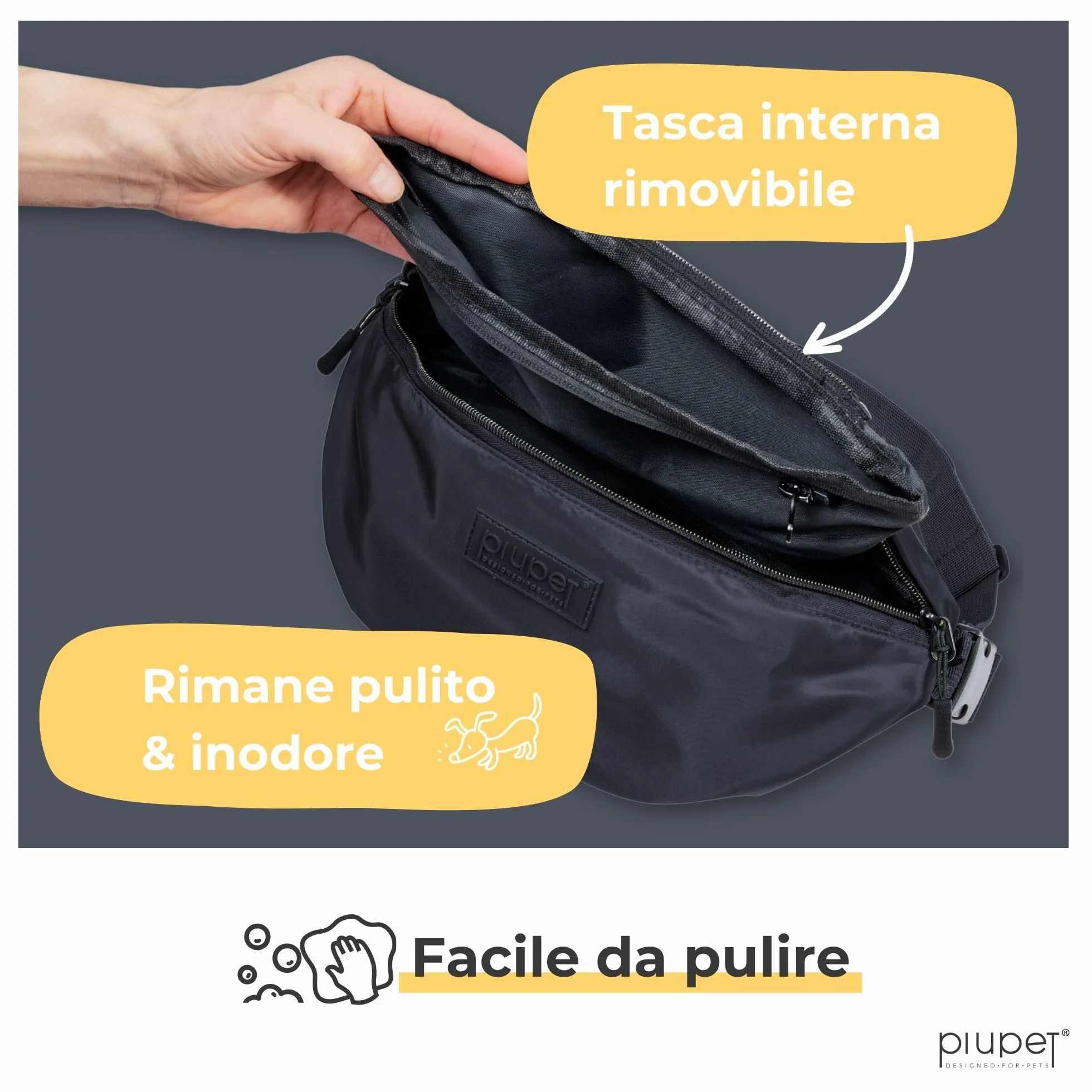 PiuPet® Borsa per Cani I Borsa per Cani Elegante e Impermeabile con 3 Scomparti con Cerniera I Marsupio 2 in 1 per l'addestramento del Cane e Borsa a Tracolla I con Tasca Interna Rimovibile (Nero)
