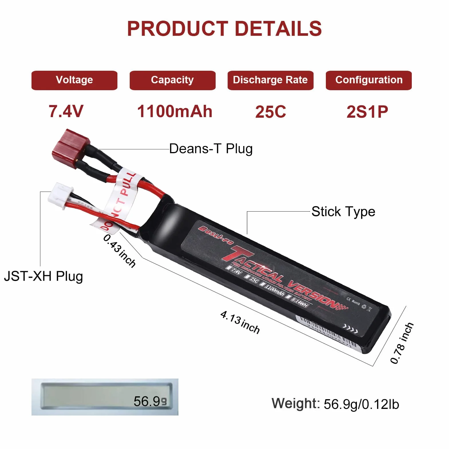 Airsoft LiPo batteria 2S 7.4V 25C 1100mAh per AEG con Mini T Plug