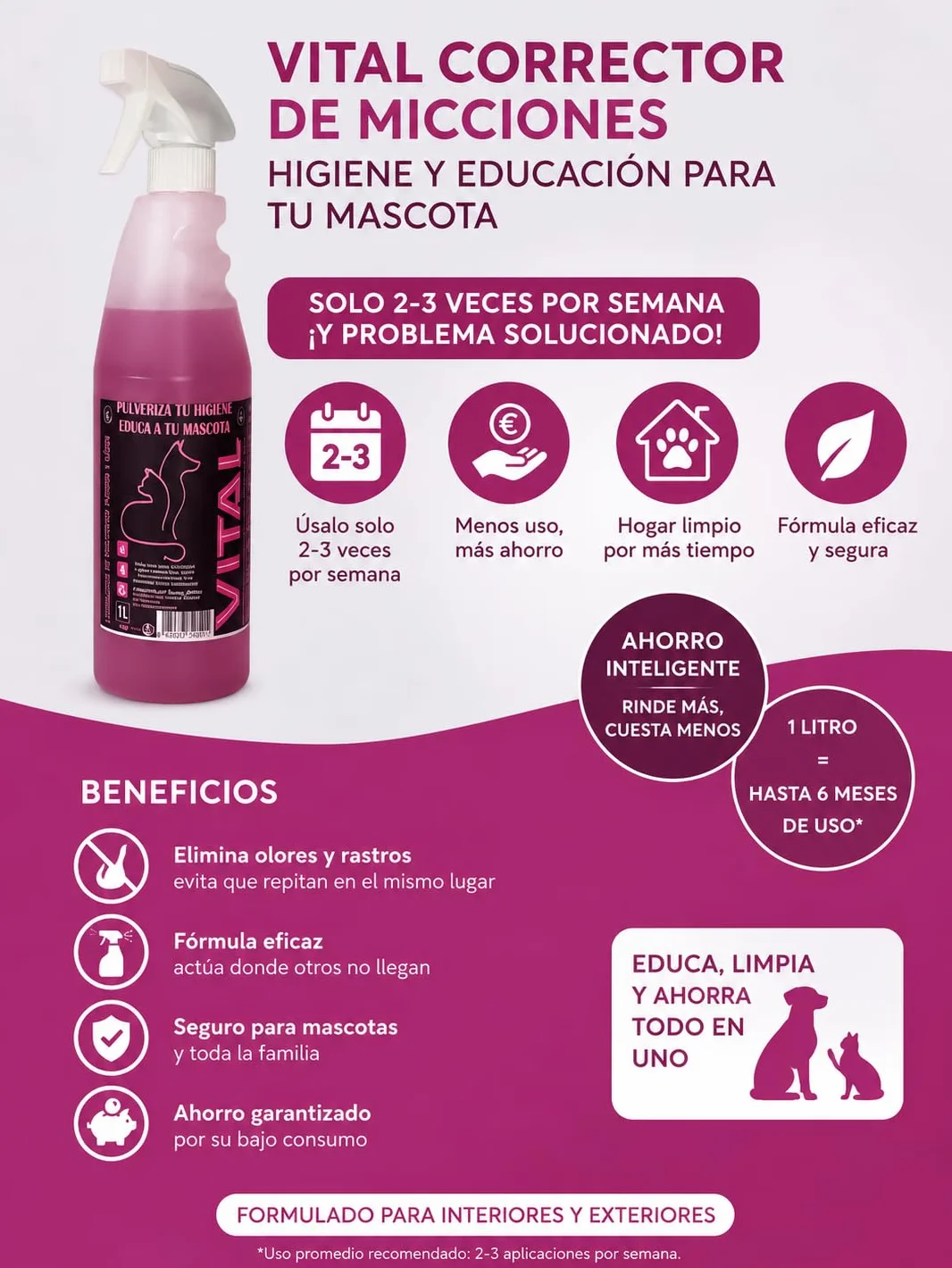 Vital Correttore di minzioni per cani e gatti 1000 ml - Eliminatore di odori e tracce di urina - Aiuto per l'addestramento degli animali domestici - Uso interno ed esterno - Efficace