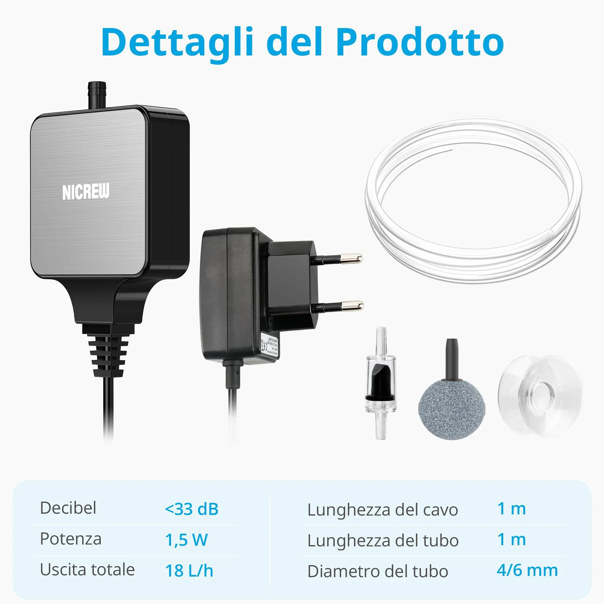 NICREW Ossigenatore per Acquario Ultra-Silenzioso <33 dB, Nano Silent Mini Aeratore fino a 40 L, Accessori per Acquario Nano, 18 L/H, 1,5W