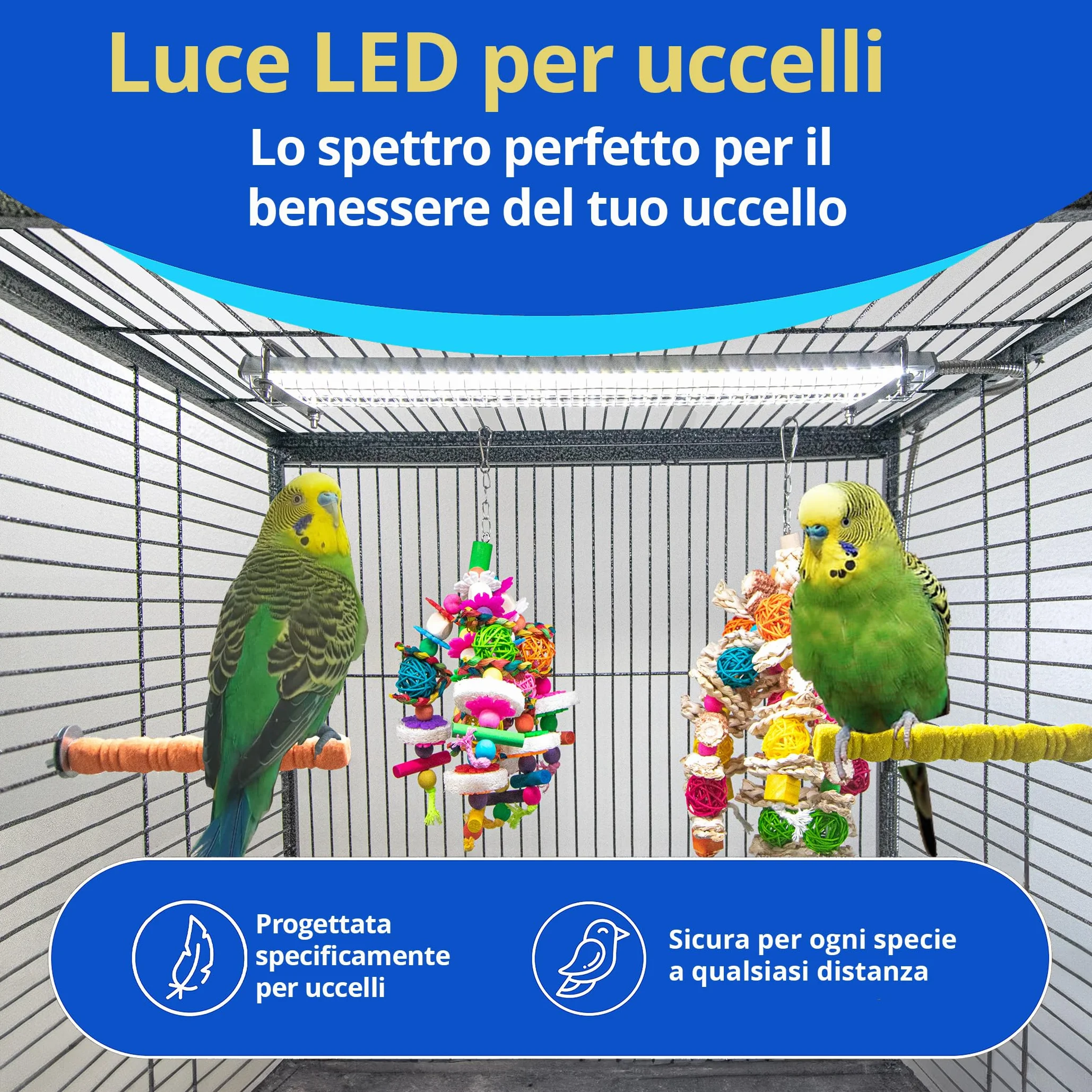 M&M Cage Company Luce per Gabbia HappyBird con Protezione Anti-Morso – LED a Spettro Completo – Illumina in Modo Naturale – Sicura per Pappagalli – Facile da Installare