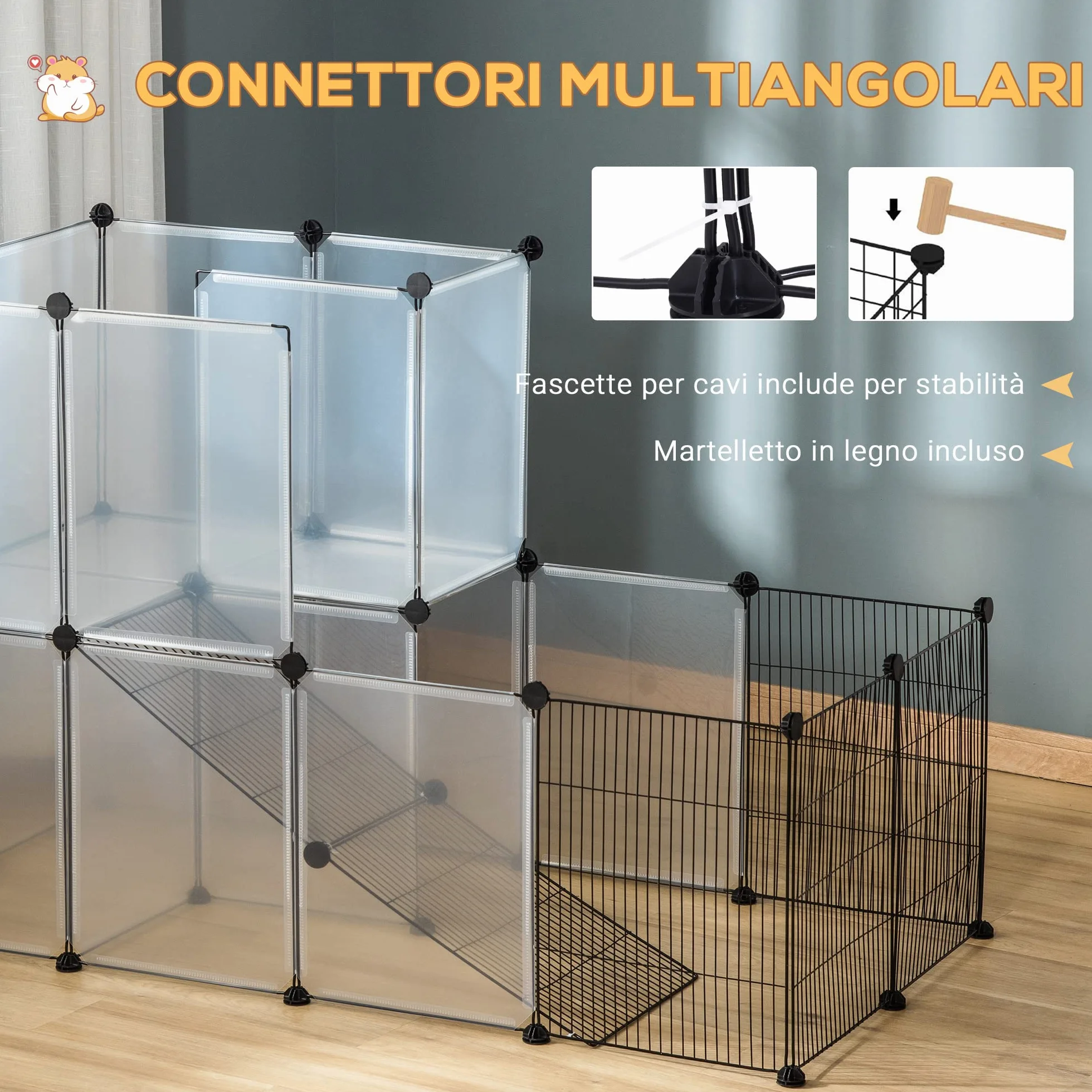 PawHut Recinto Modulare per Conigli, Cincillà e Porcellini d'India, Box per Animali di Piccole Dimensioni, 27 Pannelli Acciaio e Resina