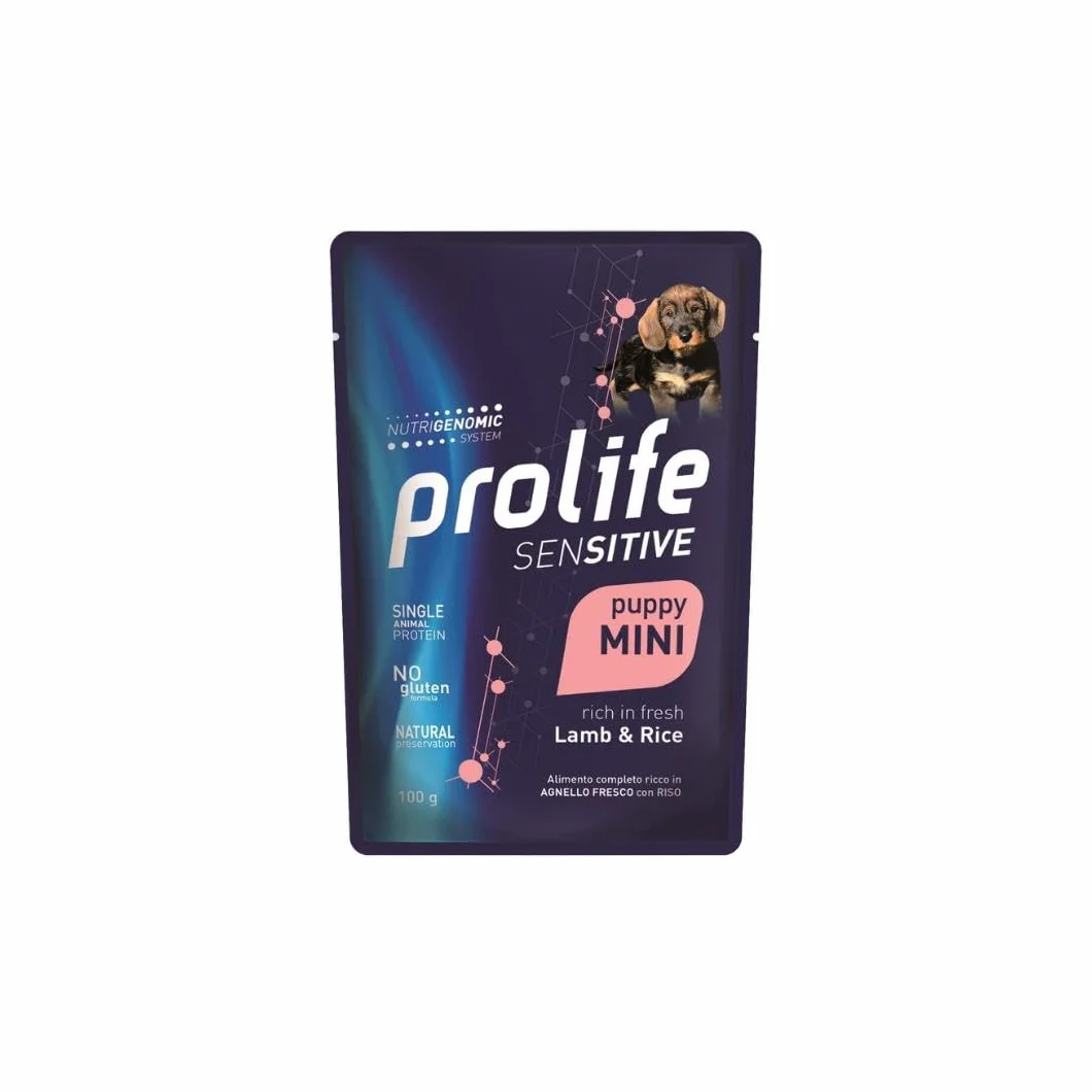 Prolife Umido Cane Sensitive Puppy Small Mini 100gr, alimento completo per cani cuccioli di tutte le taglie gusto AGNELLO e RISO | 12 bustine da 100 grammi l’una.