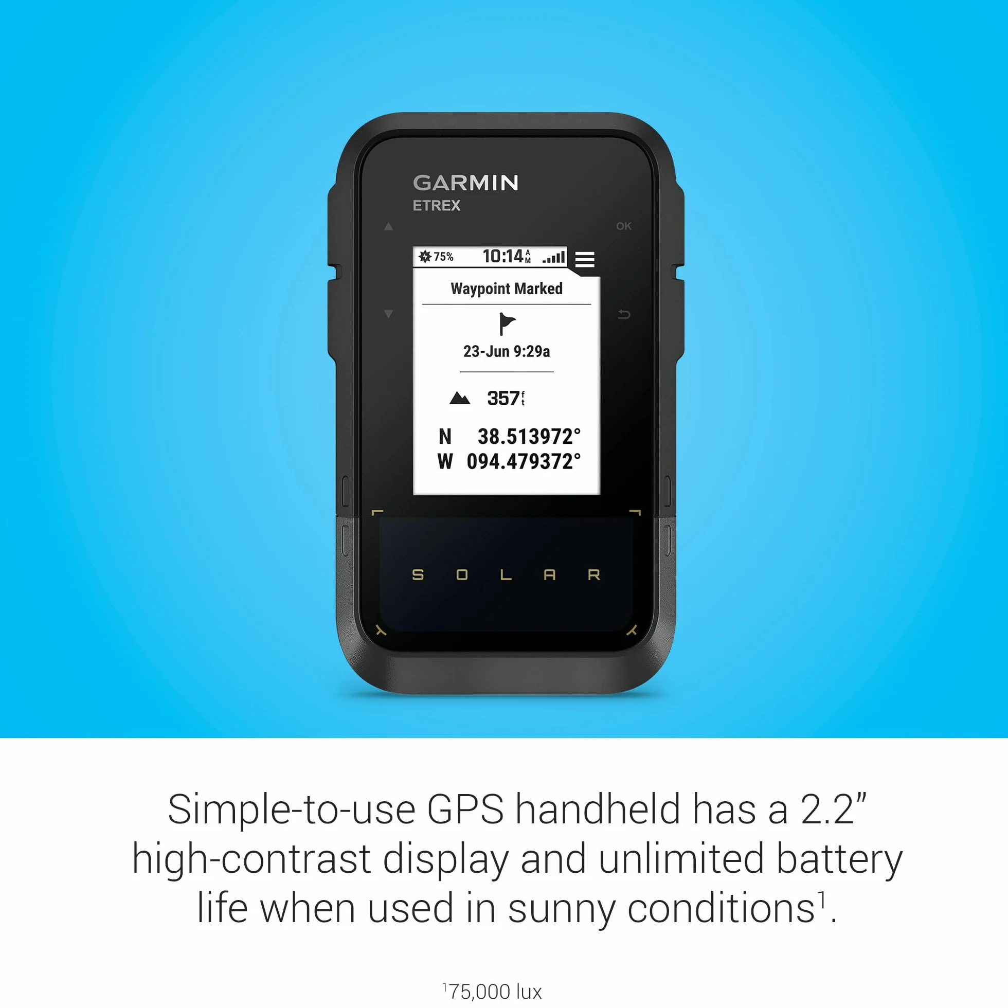 Garmin eTrex Solar, GPS portatile, Ricarica solare, Autonomia potenzialmente infinita, GPS doppia frequenza, Display da 2,16", Garmin Explore, Bussola elettronica, Geocaching Live, Black