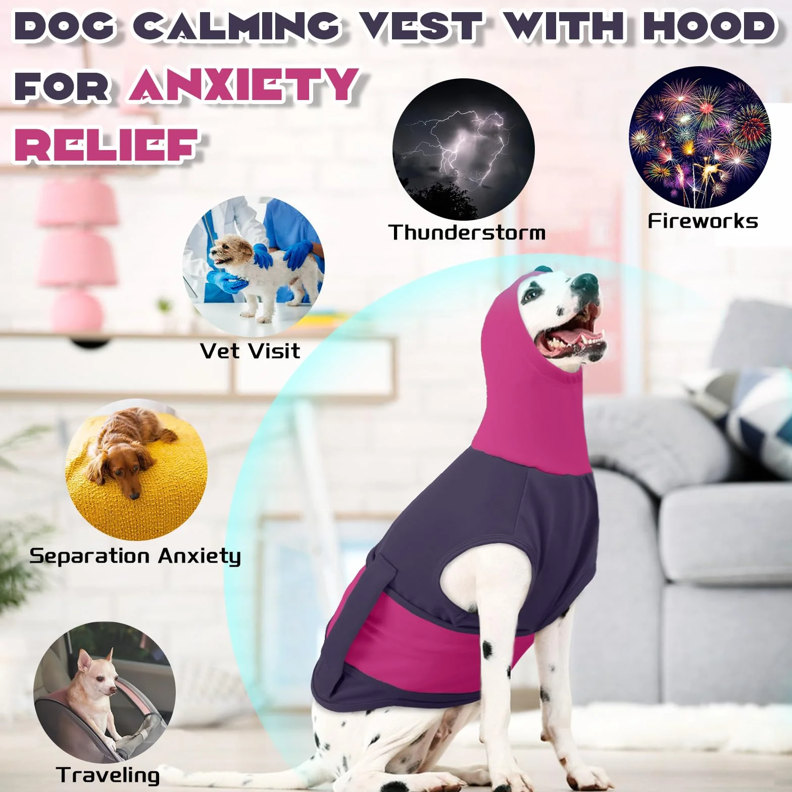 Cappotto Calmante per Cani con Cappuccio 2 in 1 Giacca Ansiolitica Regolabile Paraorecchie Viola L