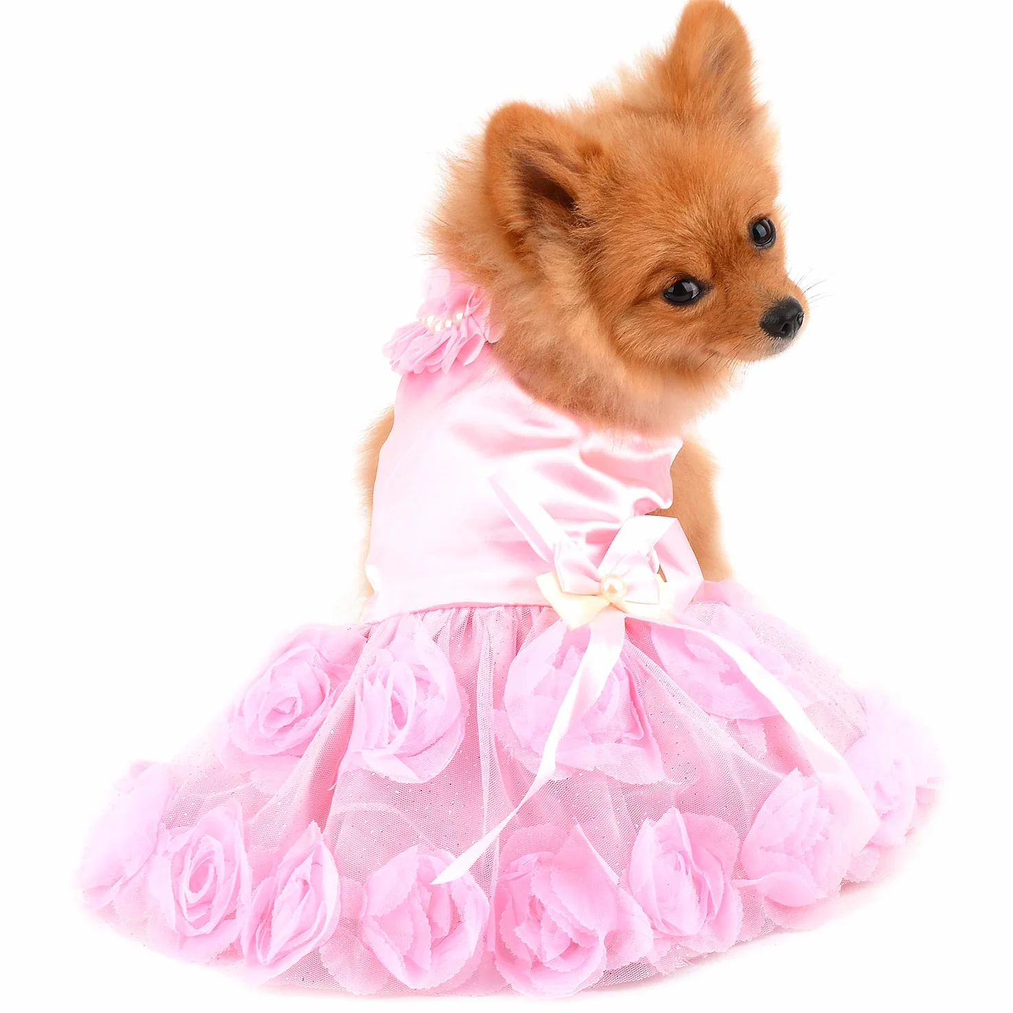PAIDEFUL Abito per Cani di Piccola Taglia Vestiti per Gatti Ragazze Estive Lusso Vestito da Sposa Gonna tutù in Pizzo Fiore Rosa Setoso Abiti da Festa di Compleanno con Fiocco Chihuahua Abbigliamento