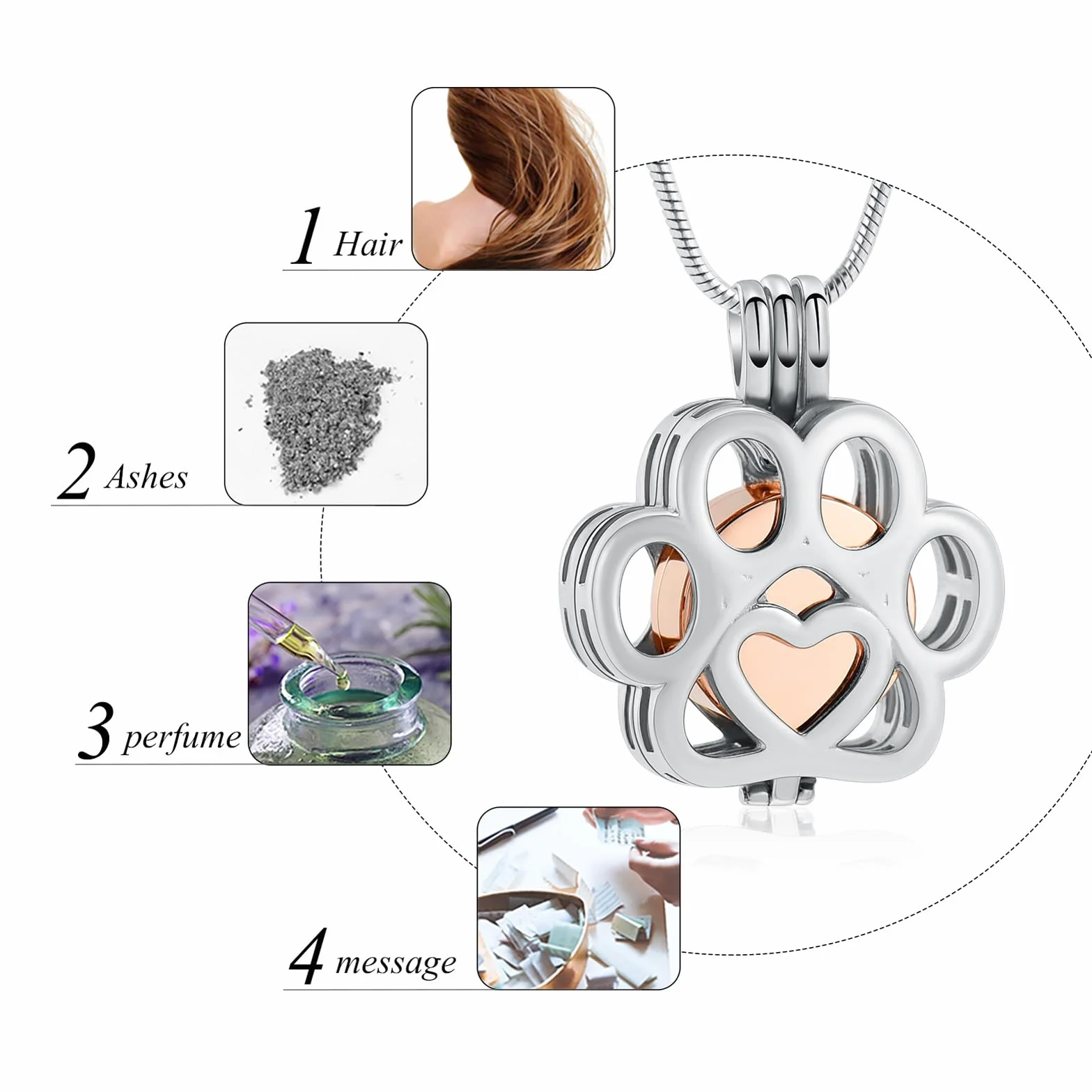 Ceneri per animali domestici per cane/gatto zampa in acciaio inox Memorial Locket Urna collana all'interno Mini caso Keepsake cremazione gioielli donna uomo