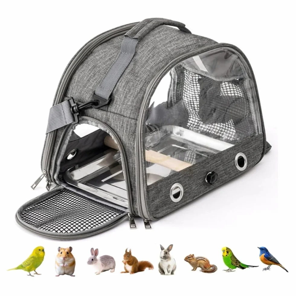 Contenitore per il trasporto per uccelli, con asta e vassoio in acciaio inox, traspirante, pieghevole, per piccoli uccelli, borsa da viaggio per piccoli animali, per viaggi, escursioni