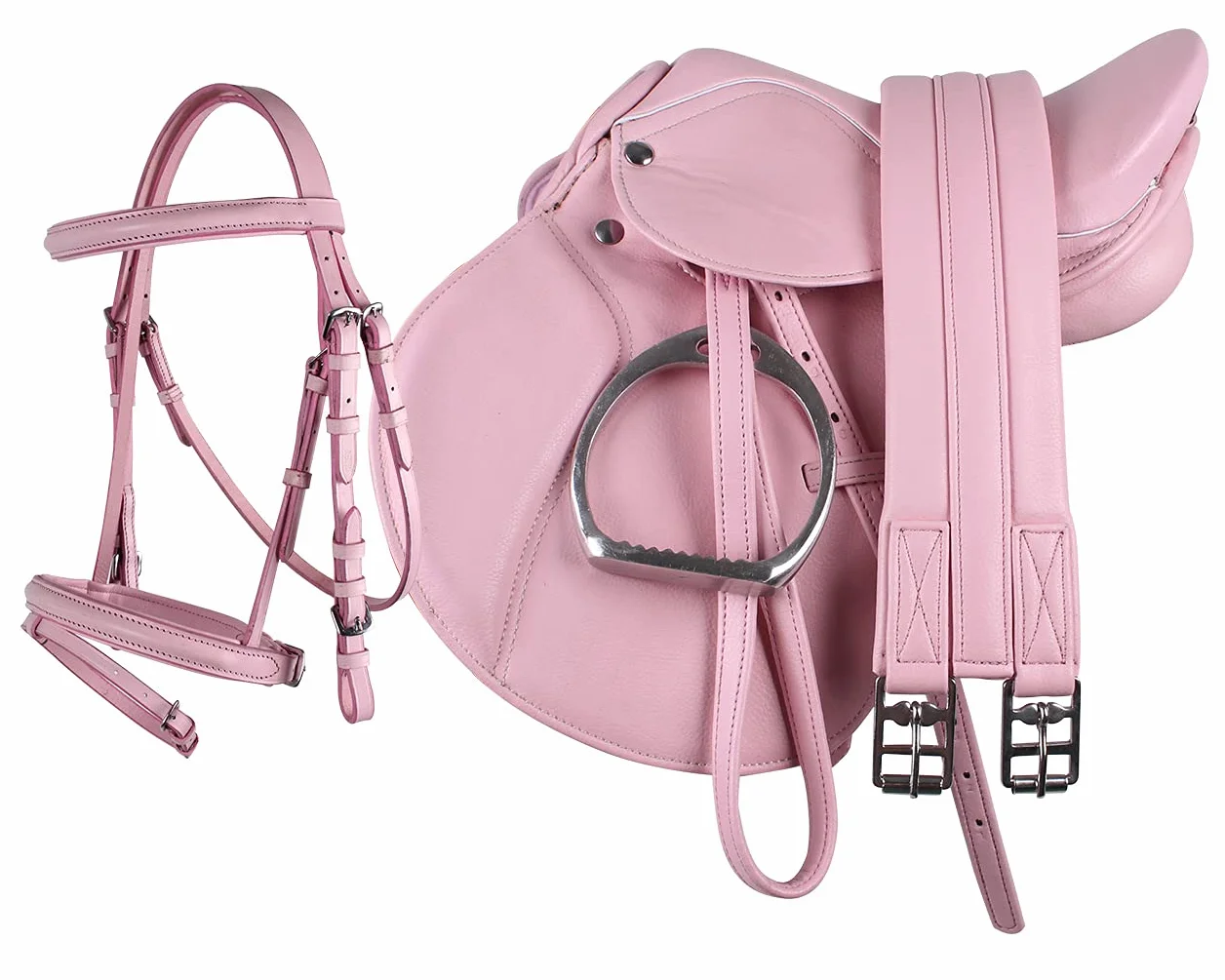 QHP, set sella, da poni, in pelle (sintetica), 33 cm di spessore, sella per sottopancia + briglie combinate