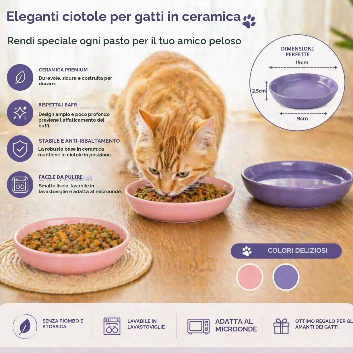 Set di 2 Ciotole per Gatti in Ceramica per Cibo o Acqua, Ciotola Gatto Piatta per Alleviare l’Affaticamento dei Baffi, Adatte anche a Gattini, Cani di Piccola Taglia e Altri Animali Domestici, 15×3 cm