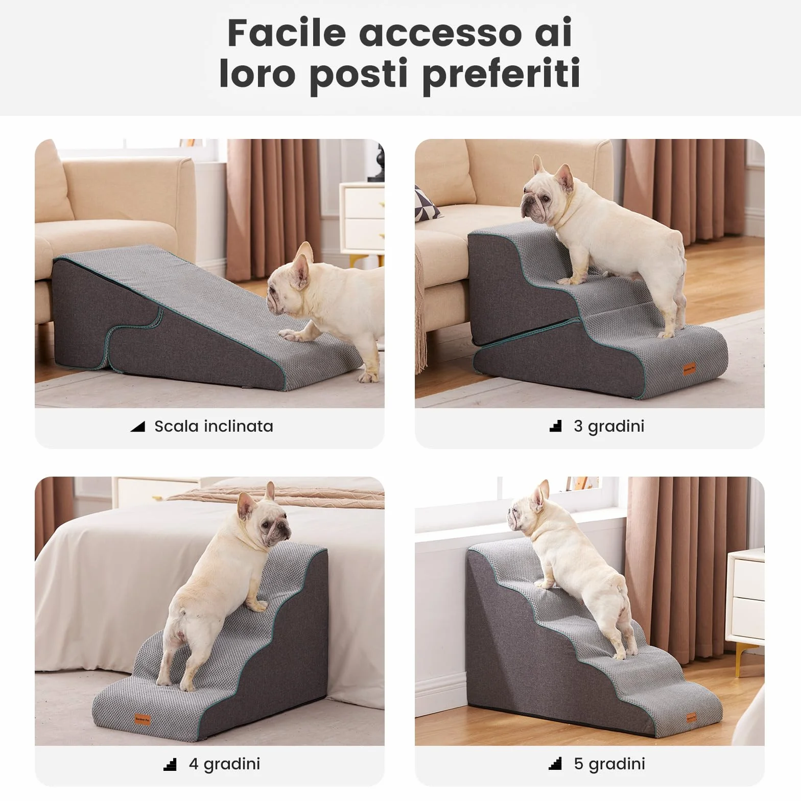 Gardner Pet Scala per Cani Piccoli 35/42cm 3 Gradini Rampina Antiscivolo Impermeabile Grigio