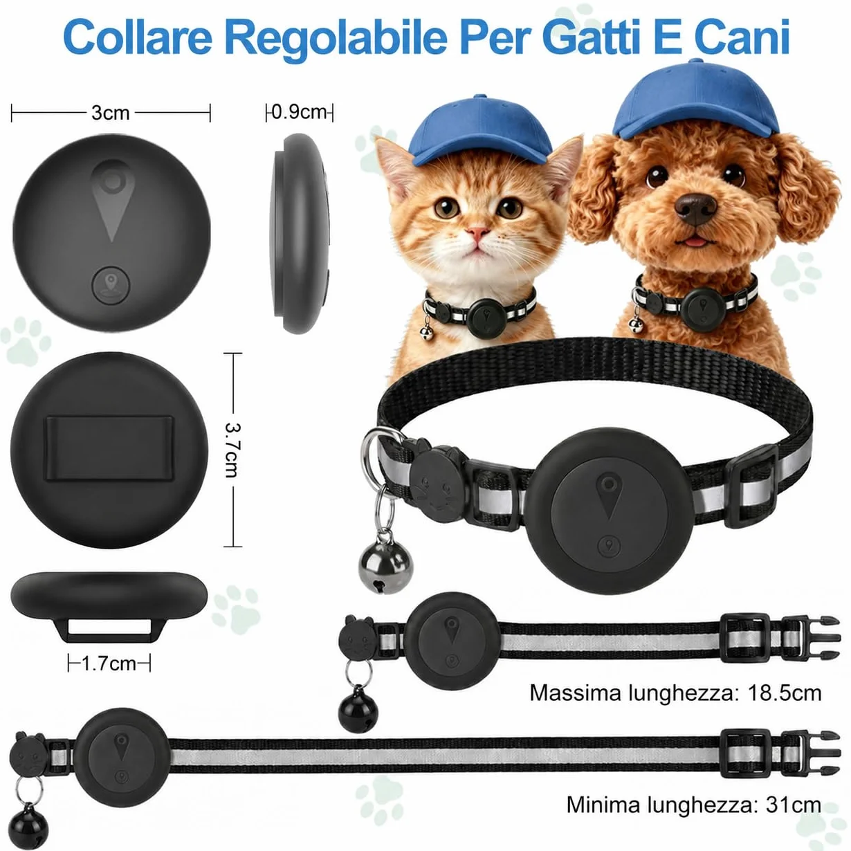Collare GPS Gatto 2 in 1,Collare GPS per Cani Riflettente,Tracker per Cani Senza Abbonamento,Compatibile con iOS/Android,Collare Regolabile con Campanellino,Adatto a Cane di Piccola Taglia/Gatti-Nero