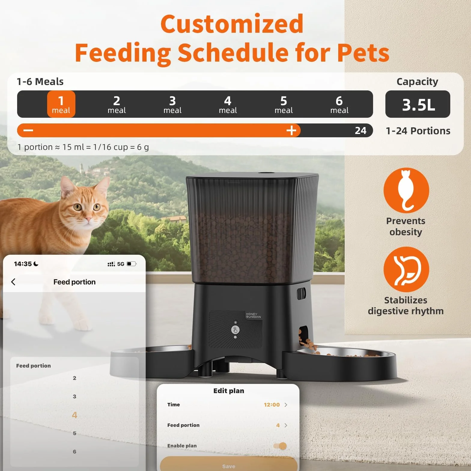 HoneyGuaridan Distributore Automatico Cibo Gatti con WiFi 2.4G/5G, 3,5L Dispenser Crocchette Gatto – Include 2 Ciotole in Acciaio Inossidabile & 2 Ciotole Slow Feeder Anti-Soffocamento