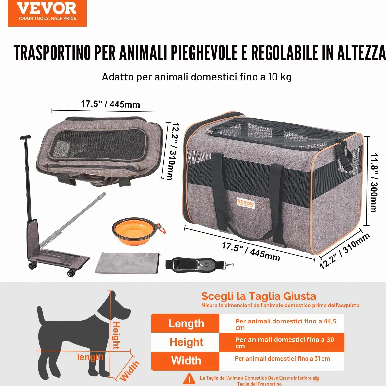 VEVOR Trasportino per Cani e Gatti con Maniglia Telescopica e Ruote, Carico Massimo 9,9 kg Borsa Porta Animali Domestici Approvato dalla Compagnia Aerea, Tessuto Oxford 600D Cerniera Autobloccante