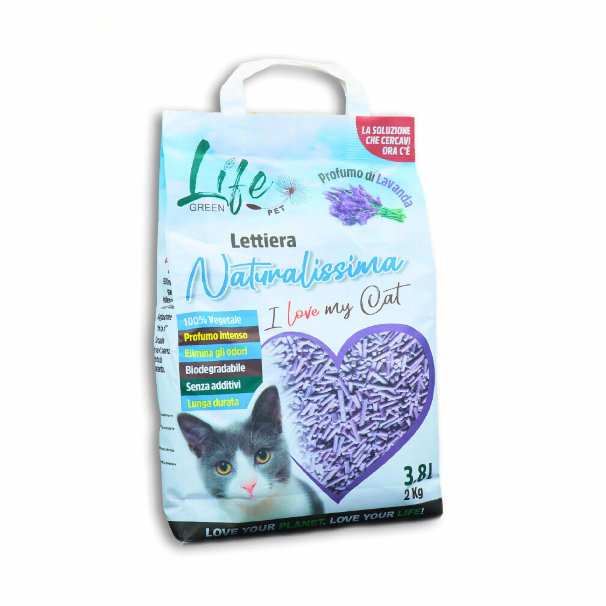 Lettiera Naturalissima per gatti 2 kg Lavanda, con Fibra di Pisello e Amido di Mais, Vegetale, Biodegradabile, Agglomerante 3.8L, Elimina odori
