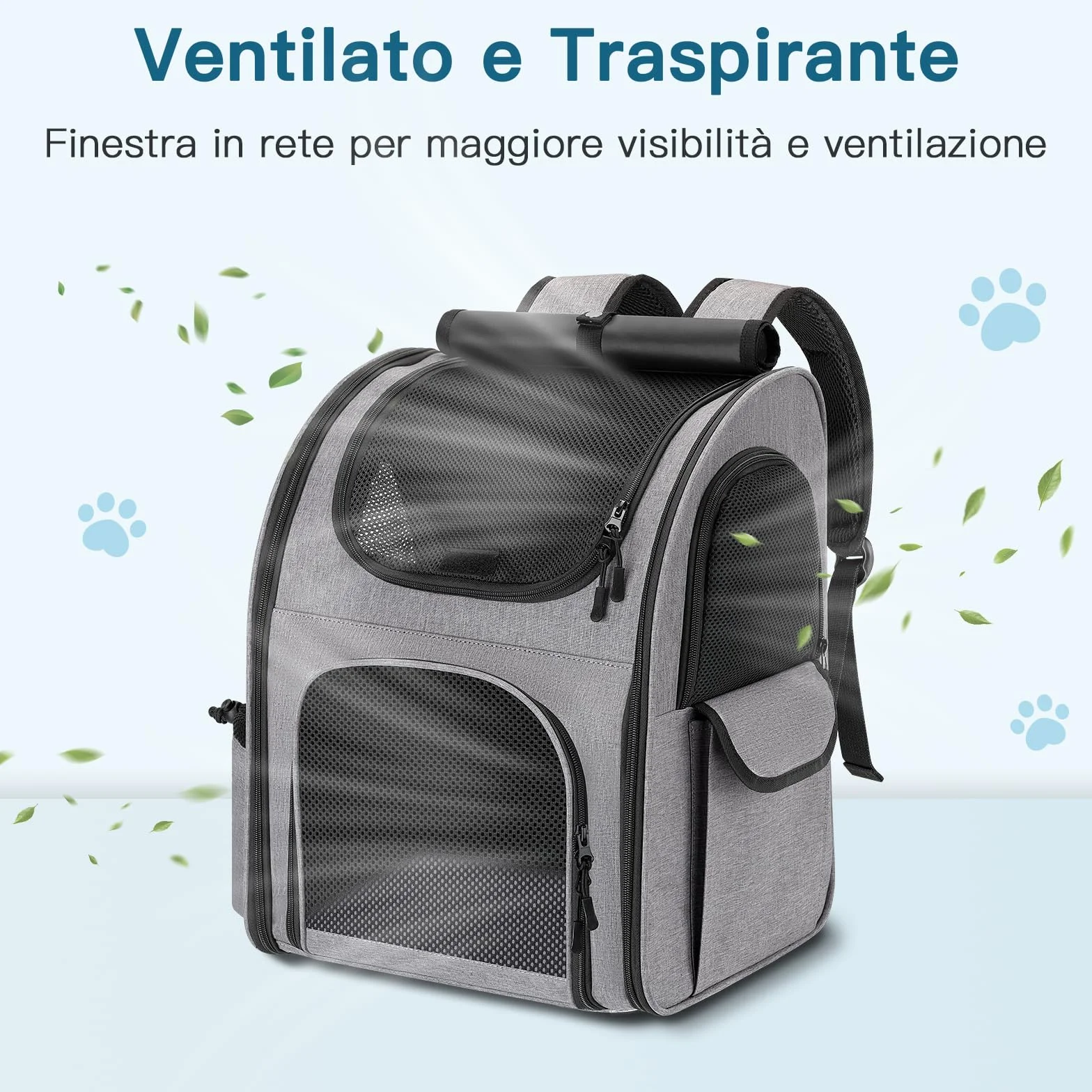Zaino per Cani Gatti 10 kg Traspirante con Finestra a Rete e Guinzaglio Interno - Grigio