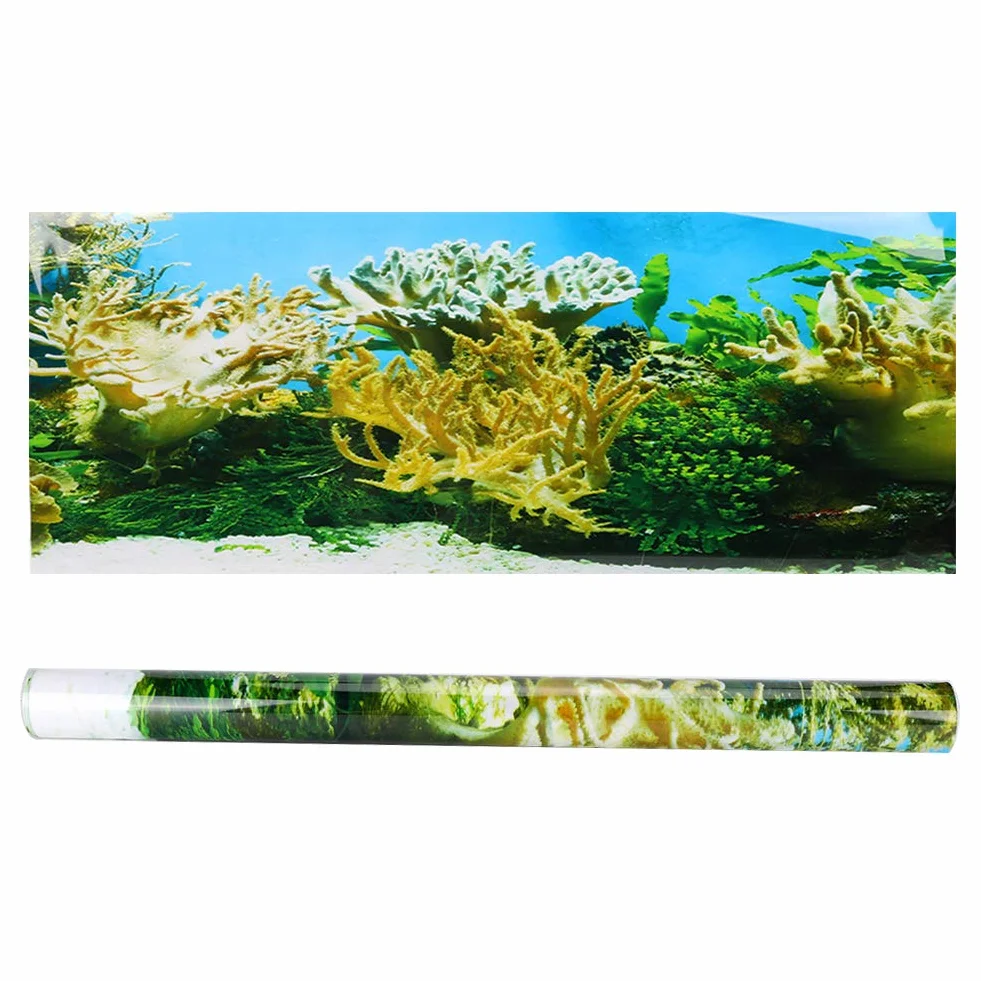 Poster adesivo per fondale di acquario in PVC con motivo di piante acquatiche e coralli, adesivo decorativo impermeabile per vasca da pesce, sfondo spesso e anti-riflesso autoadesi (61*30 cm)