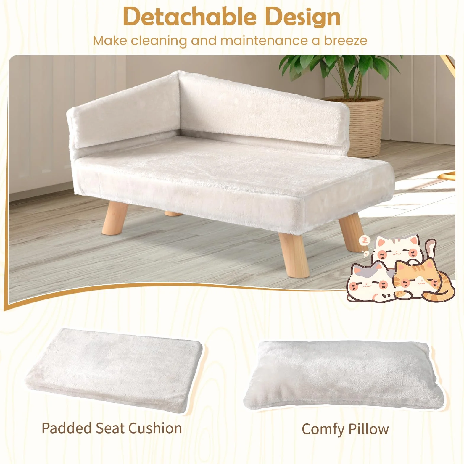 SOARS Divano per Cani con Schienale, Cuscino e Gambe in Legno, Letto per Cani di Media Taglia, Cuccia Rialzata, Divanetto per Animali Domestici, 71 x 43 x 40 cm, Beige