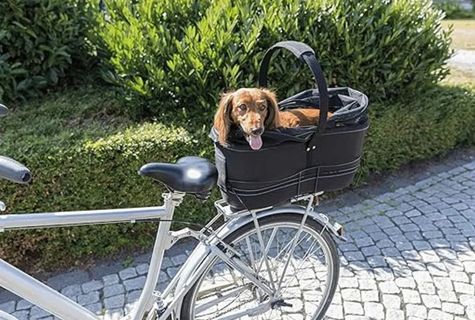 Trixie Cestino Bici Lungo per Cani – Portapacchi Posteriore – Fino a 8 kg – 29 × 49 × 60 cm – Telaio in Metallo Resistente con Imbottitura Morbida, Cinghia & Coperchio a Rete