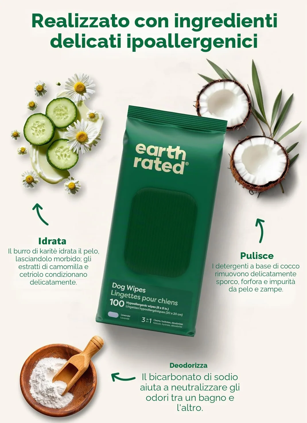 Earth Rated Salviette ipoallergeniche per Cani, puliscono ed eliminano Gli odori da Zampe, Corpo e Sedere, profumati alla Lavanda, 100 Pezzi