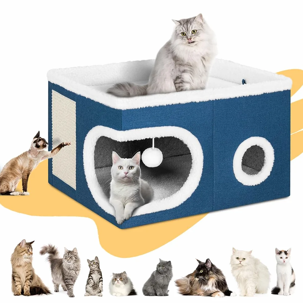 BAKAJI Cuccia per Gatti con Tiragraffi in Poliestere Imbottito 58x42x33cm Blu