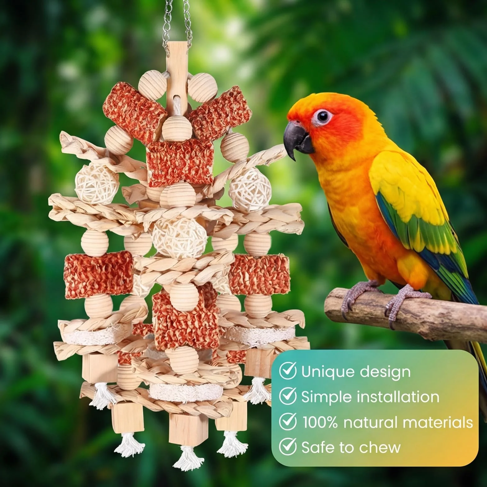 Giochi per Pappagalli in Legno Naturale da Masticare con Blocchi Appesi per Small Medium Parrocchetti Lovebirds