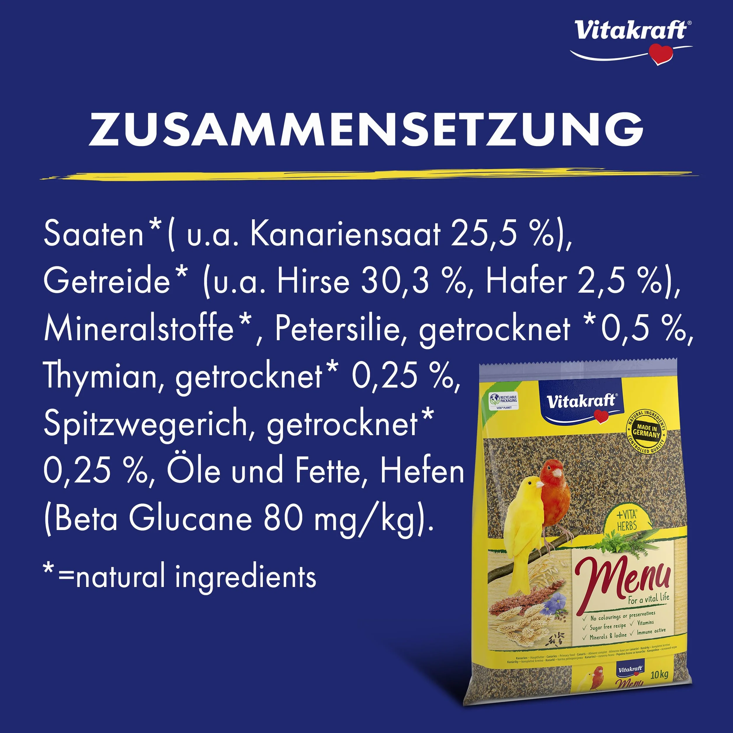 Vitakraft Menu 10 kg, mangime principale per canarini, con vitamine, complesso attivo immunitario ed erbe aromatiche (1 x 10 kg)