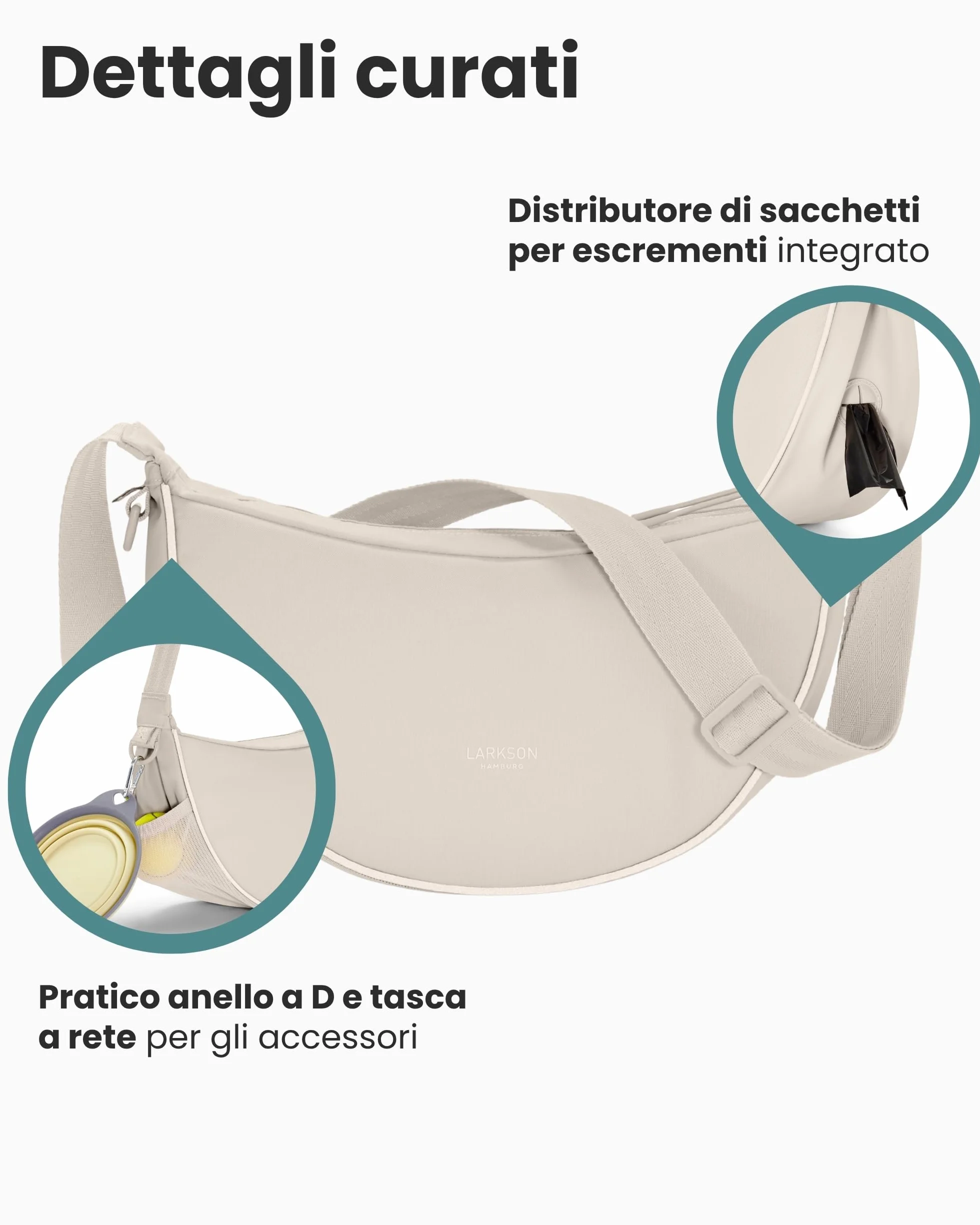 LARKSON Half Moon Bag Borsa per Cani Beige - Fiete - Sacchetti per Addestramento Cani - Tasca Porta Snack con Dispenser di Sacchetti per i Bisogni - Borsa Riflettente per Passeggiate - Idrorepellente