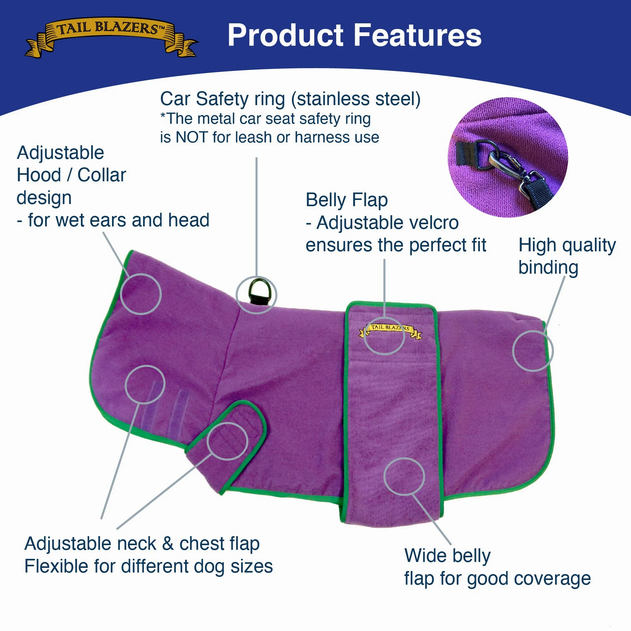 Super assorbente cane asciugatura cappottino doppio strato microfibra Dry Robe con sicurezza auto D Ring asciugamano accappatoio Pet Dryer mantiene i cani asciutti e caldi. Accessori
