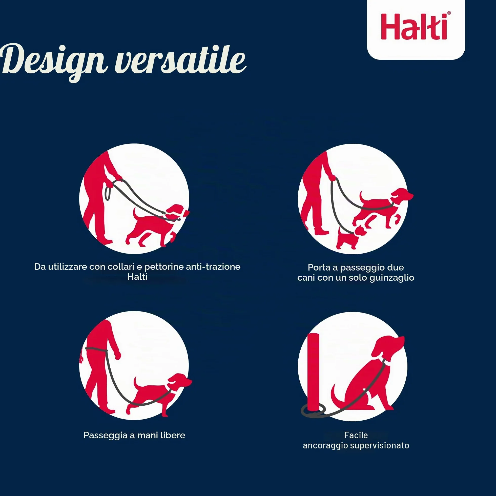 Guinzaglio da controllo HALTI - Guinzaglio multifunzionale a doppia clip e doppia impugnatura, ideale per l’addestramento anti-trazione. Comodo da tenere in mano. Ideale per cuccioli e non (2 metri)