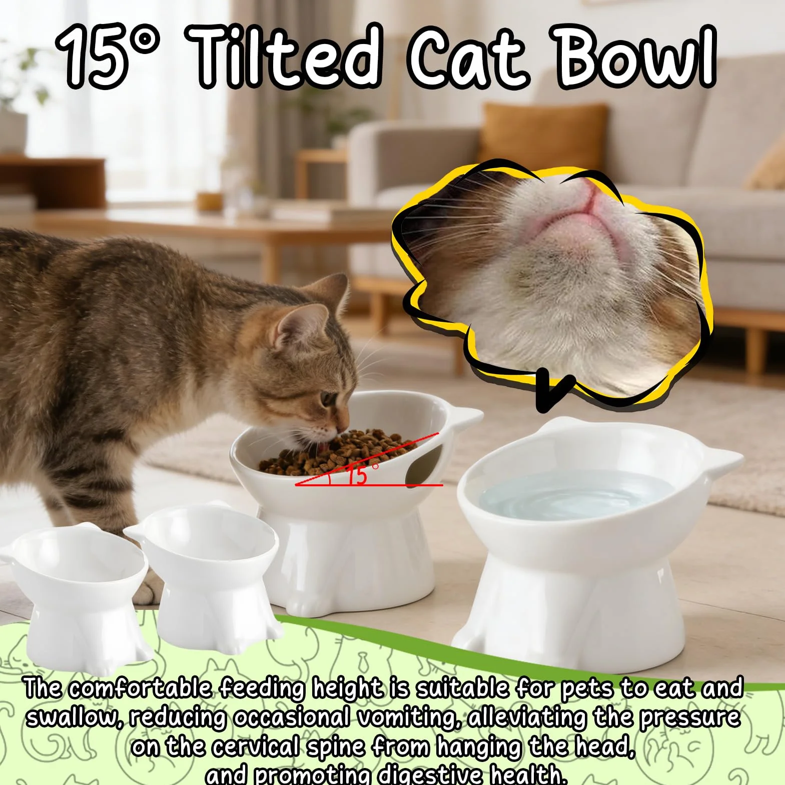 2 Pezzi Ciotole per Gatti Rialzate e Inclinate, Ciotola Acqua Gatto Inclinata di 15°,facile da Pulire,Base Stabile, Adatta a Gatti e Cani di Piccola Taglia(Bianco)