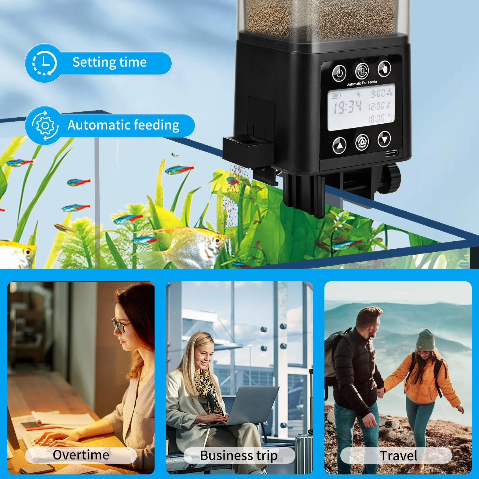 Podazz Alimentatore automatico per pesci, ricaricabile, con timer, con display LCD, 320 ml, alimentatore elettrico per pesci a prova di umidità, per il fine settimana in vacanza