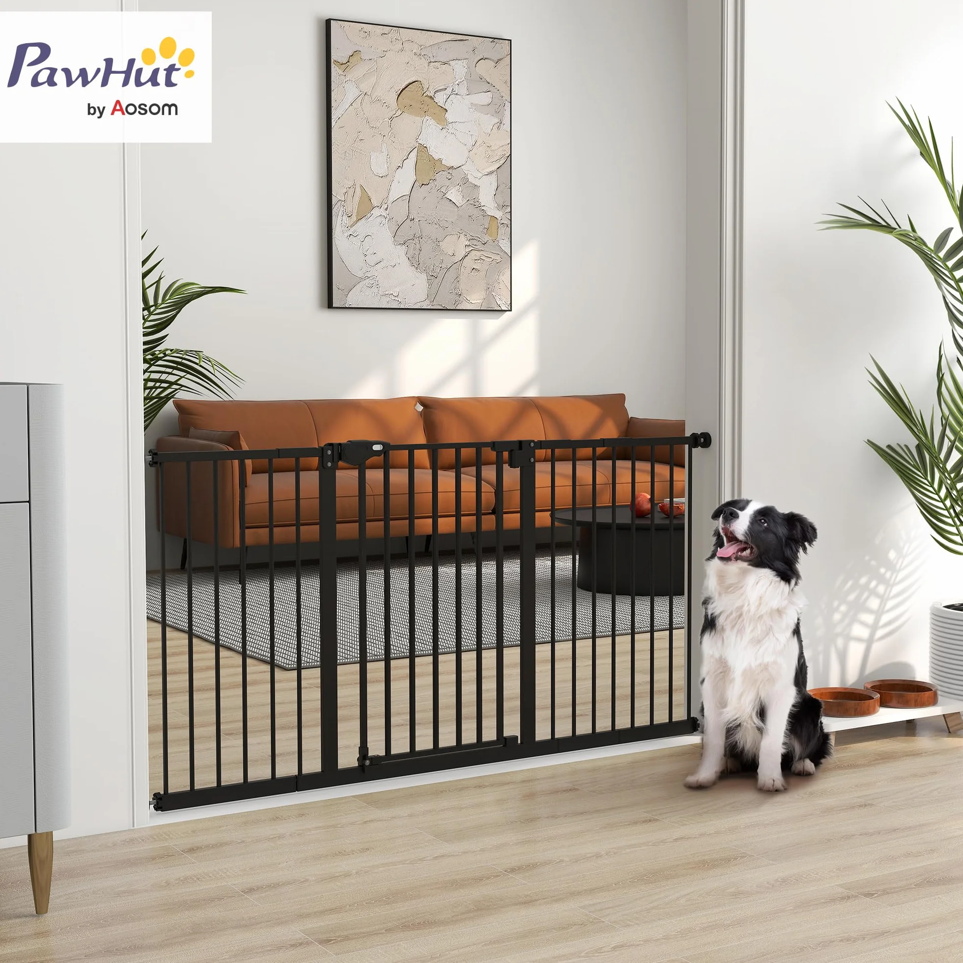 PawHut Cancellino per Cani 3 Estensioni Larghezza Regolabile 147.5 cm Fissaggio a Pressione Senza Fori Chiusura Automatica Nero