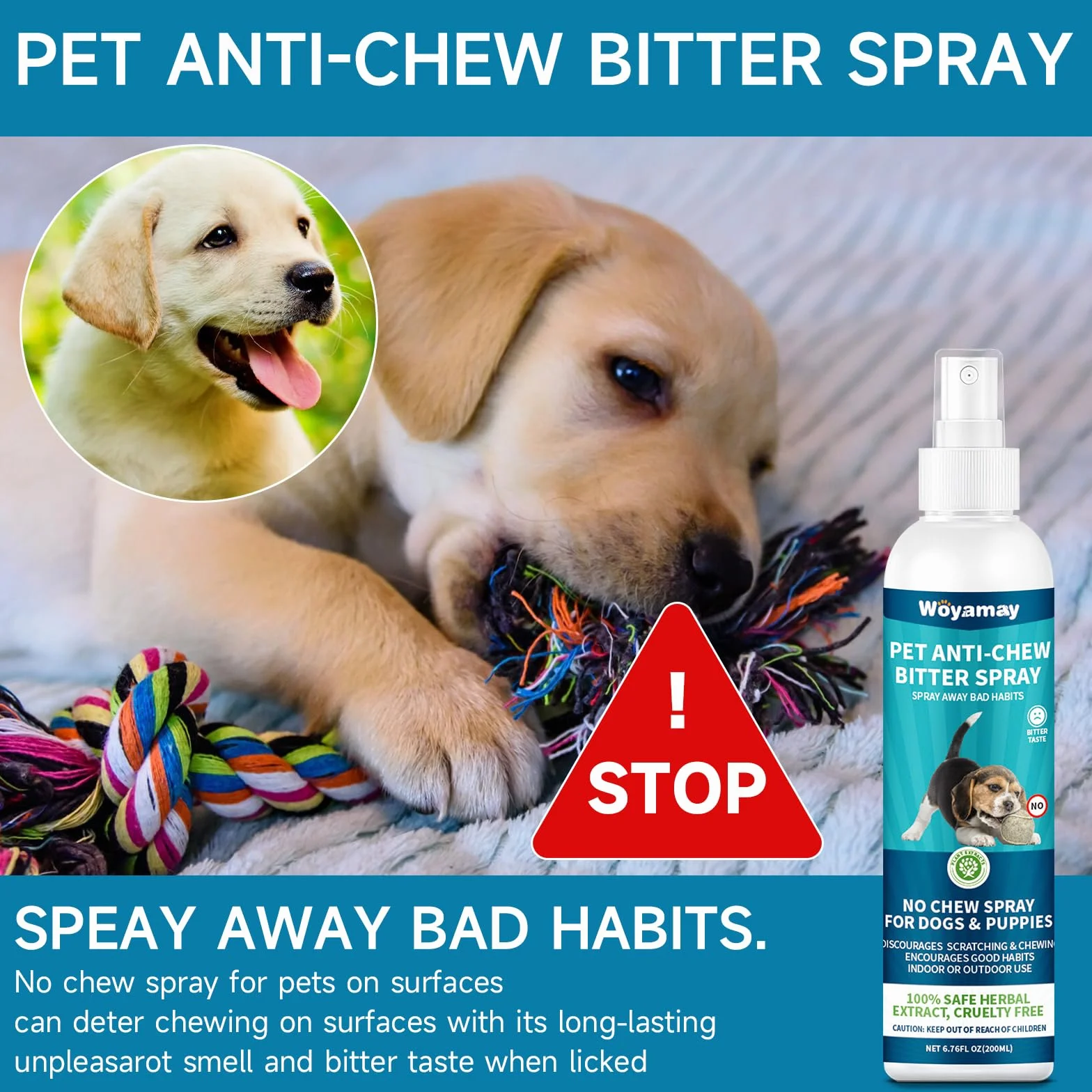Woyamay Disabituante per Cani Spray, 200ml Repellente per Cani, Dissuasore per Cani, Cani Spray Amaro Spray, Spray Addestrativo Disabituante Gatti, Previene la Masticazione e la Leccatura di Mobili