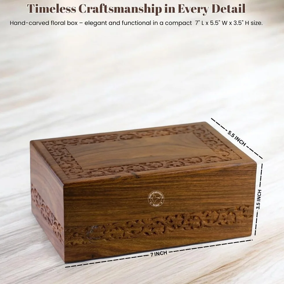 Scatola per urna in palissandro per ceneri umane per adulti, urna in legno fatta a mano con intagli floreali, regalo commemorativo (media: 17,8 x 12,7 x 8,9 cm, 90 cu)