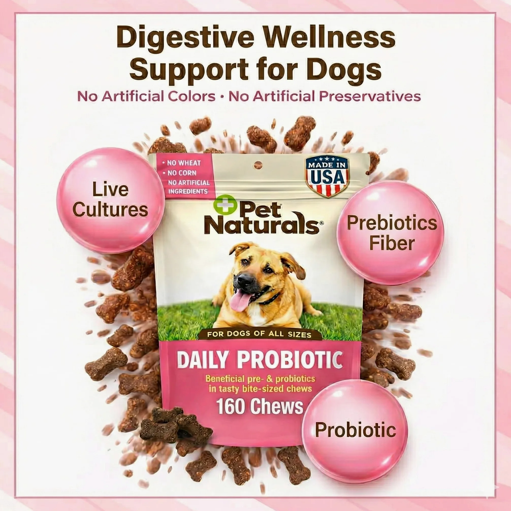 Pet Naturals Probiotico Giornaliero per Cani, Sapore di Anatra, 160 masticazioni - 120M CFUs Pre e probiotici per Cani Salute digestiva, Salute intestinale, Supporto immunitario, diarrea, allergie e