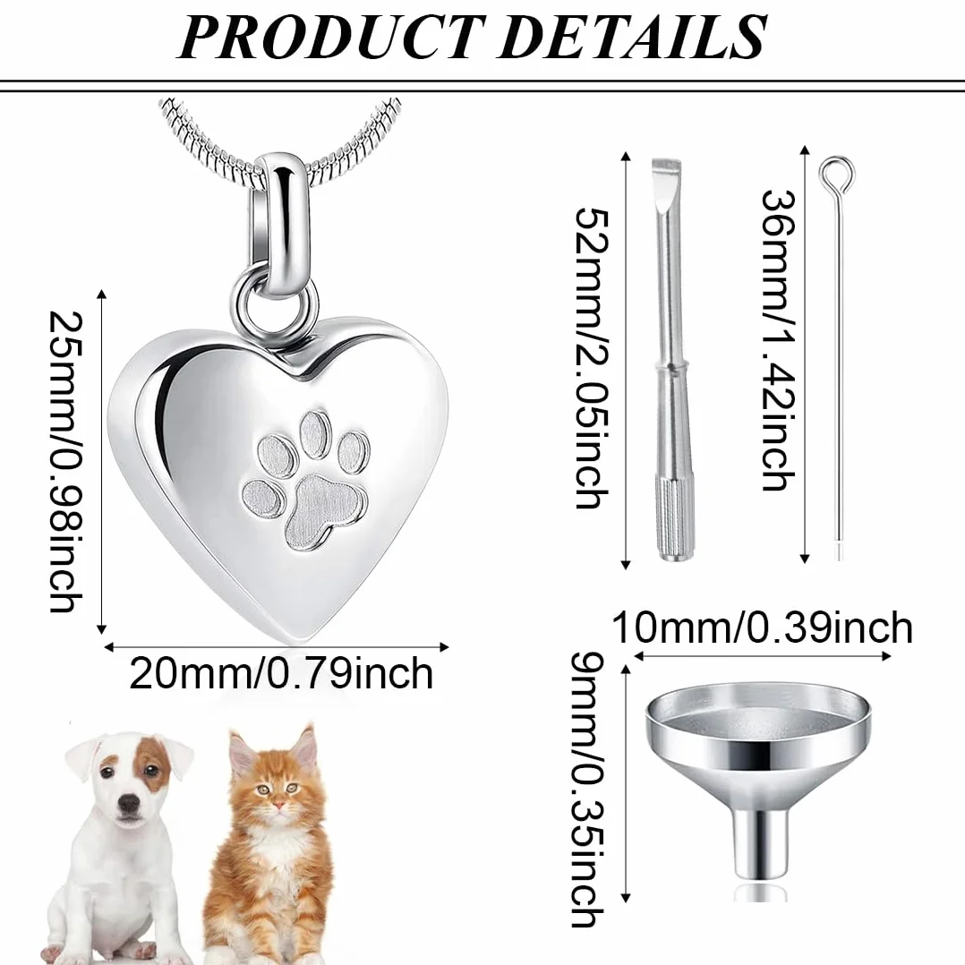 Gioielli Cremazione Animali Domestici Ceneri Ciondolo Stampa Zampa Animali Domestici Collana con Urna Forma Cuore Gioielli Commemorativi per Ceneri di Animali Domestici/Cane/Gatto（Argento）