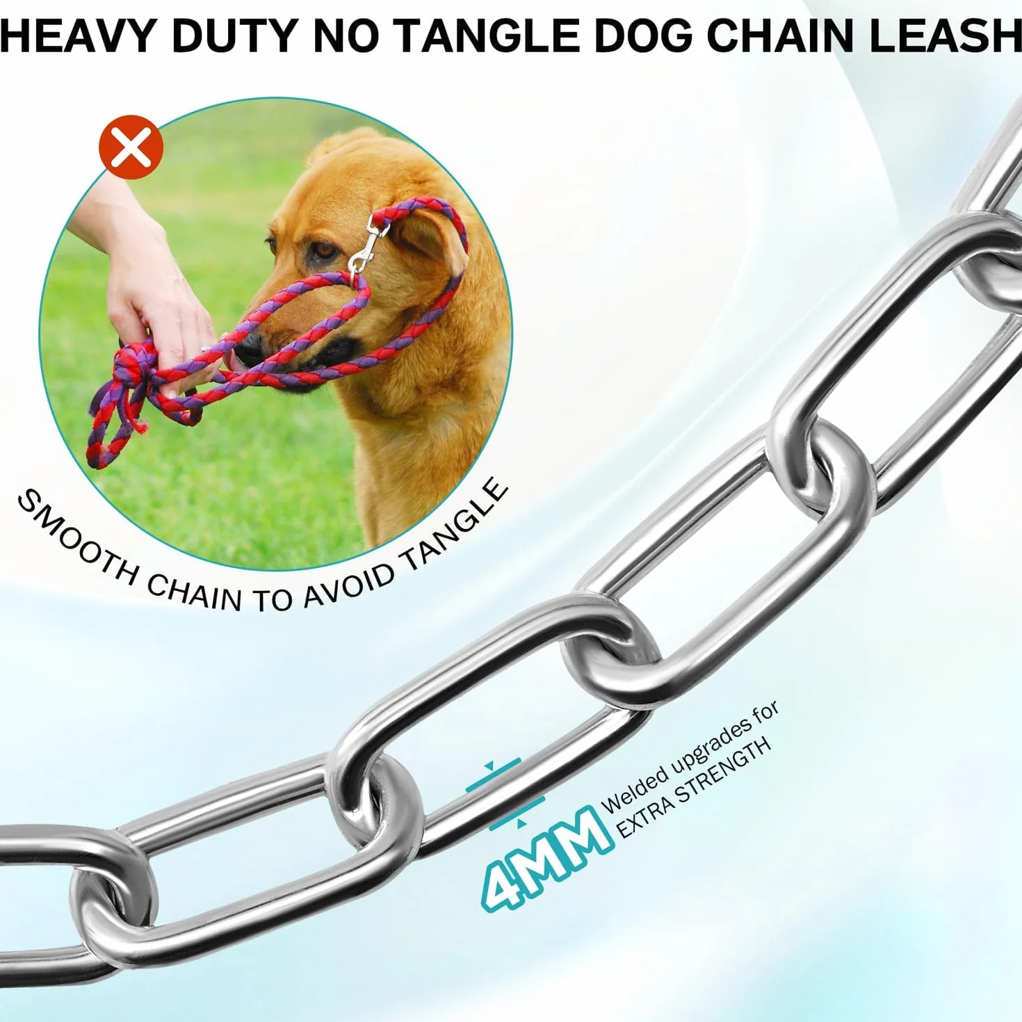 Catena per cani resistente per guinzaglio in metallo da 5 m, a prova di masticazione, guinzaglio lungo per esterni con forte gancio girevole, runner per cani all'aperto per campeggio, cavo per legare