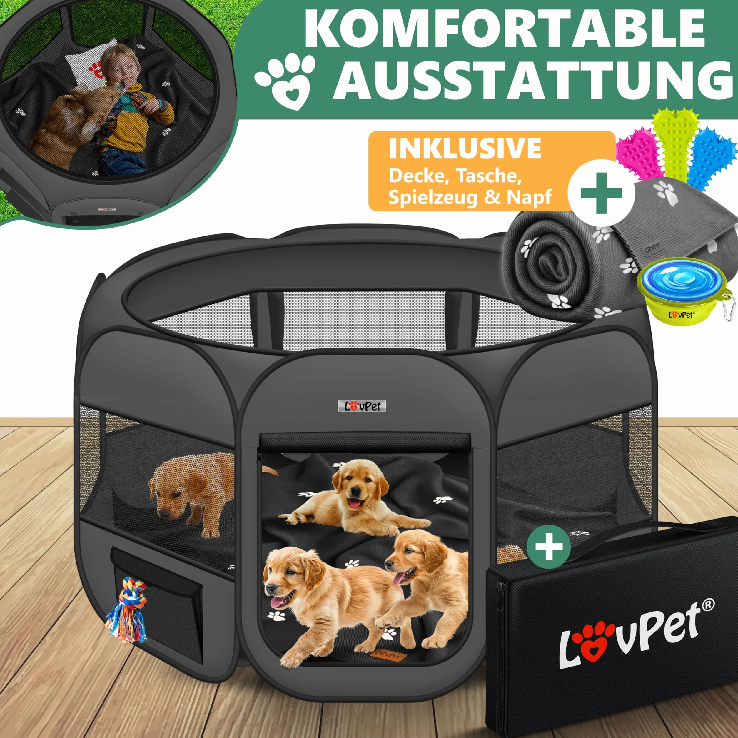 Lovpet® Recinto per Cuccioli - recinto per Animali Pieghevole per Piccoli Animali, Gatti, incl. Ciotola - Box - Recinzione - Tessuto Oxford - Sistema Pop-up