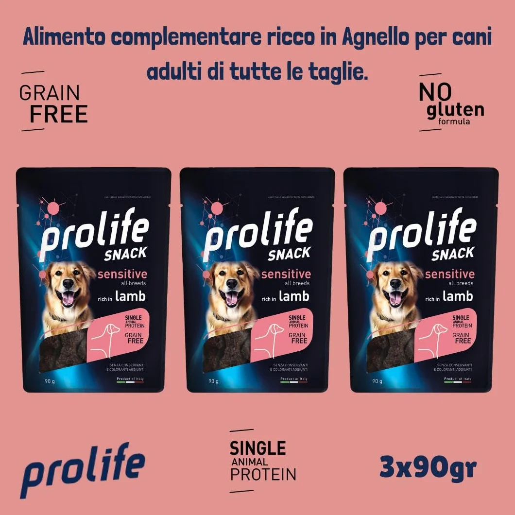 Prolife Snack Cane Adult Sensitive gusto AGNELLO, snack per cani adulti di tutte le taglie senza conservanti e senza cereali, grainfree, monoproteico | 3 bustine da 90 grammi l’una.