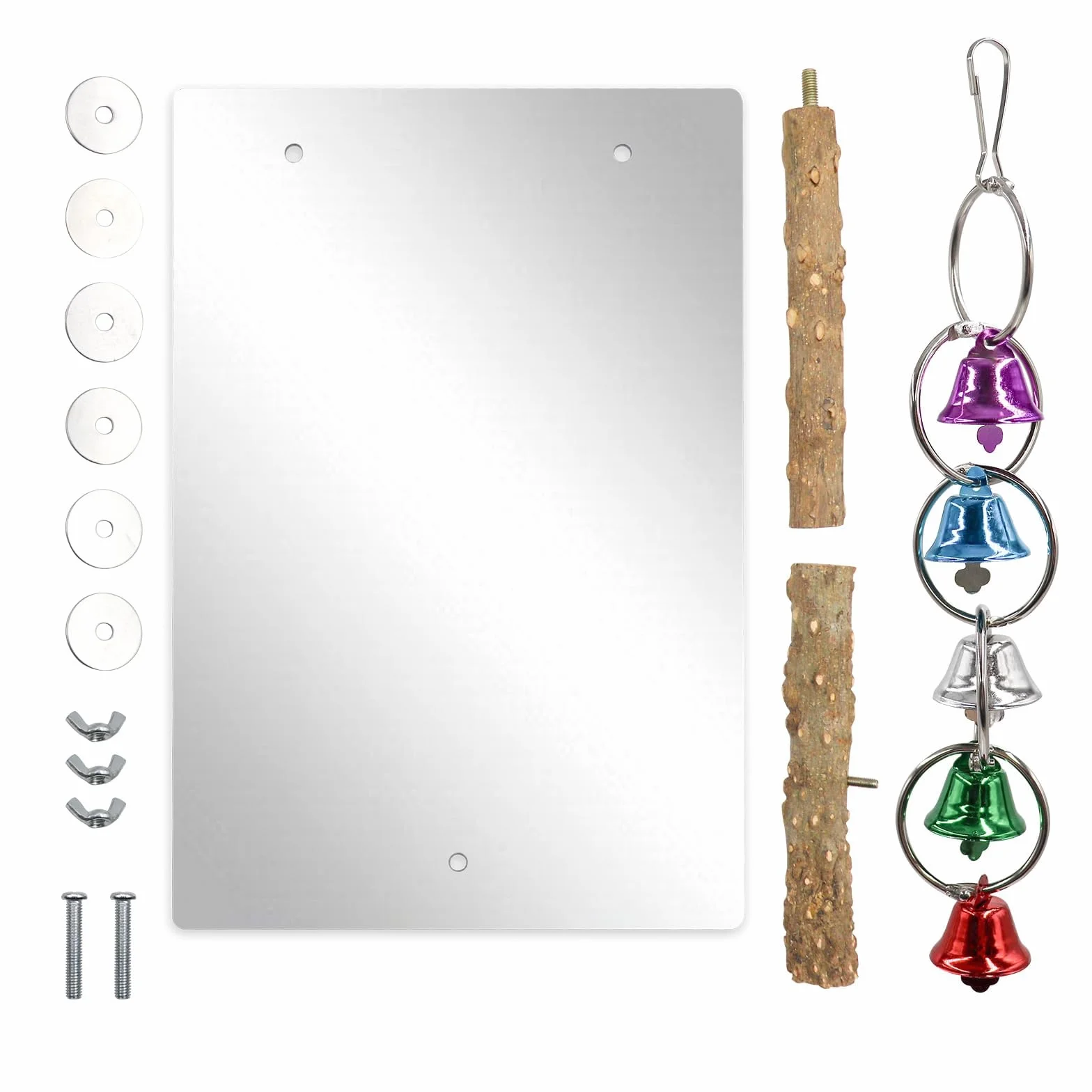 Specchio per Pappagalli con Posatoio e Campanelli Oscillanti 30x20 cm Accessori per Gabbie