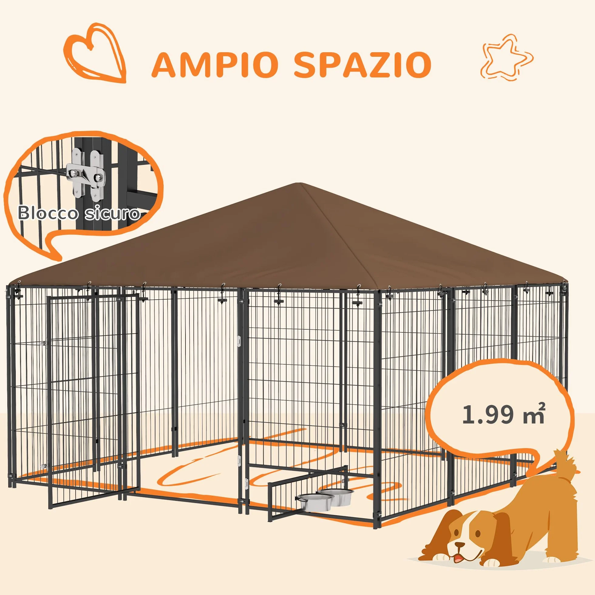 PawHut Recinto per Cani Acciaio 211x211x151 cm Tetto Anti-UV Impermeabile Ciotola Girevole Nero e Marrone