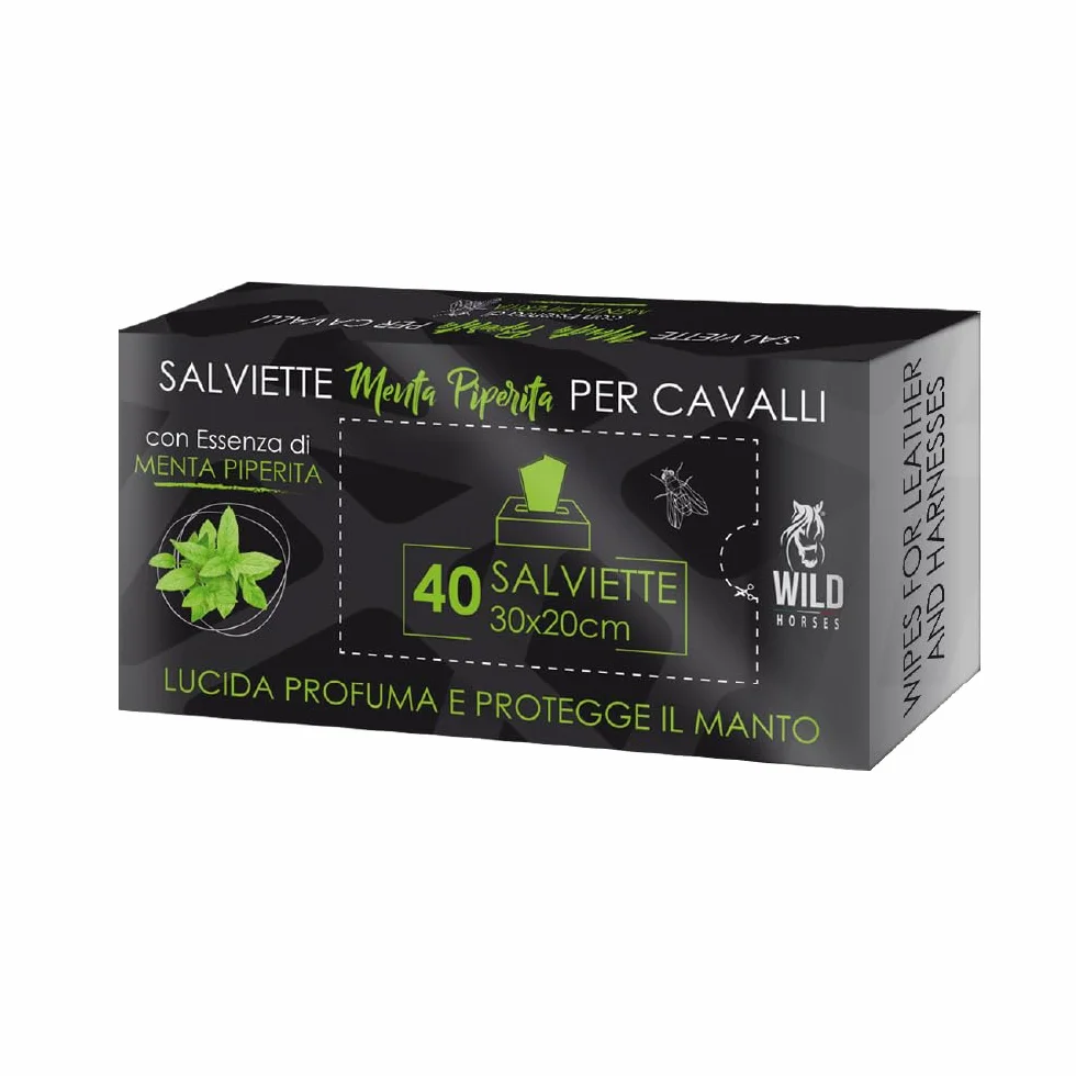 Wild Horses | Salviette Detergenti per Cavalli, Ideali per Lucidare, Profumare e Proteggere il Manto, Menta Piperita, 40 Pz, 30x20cm