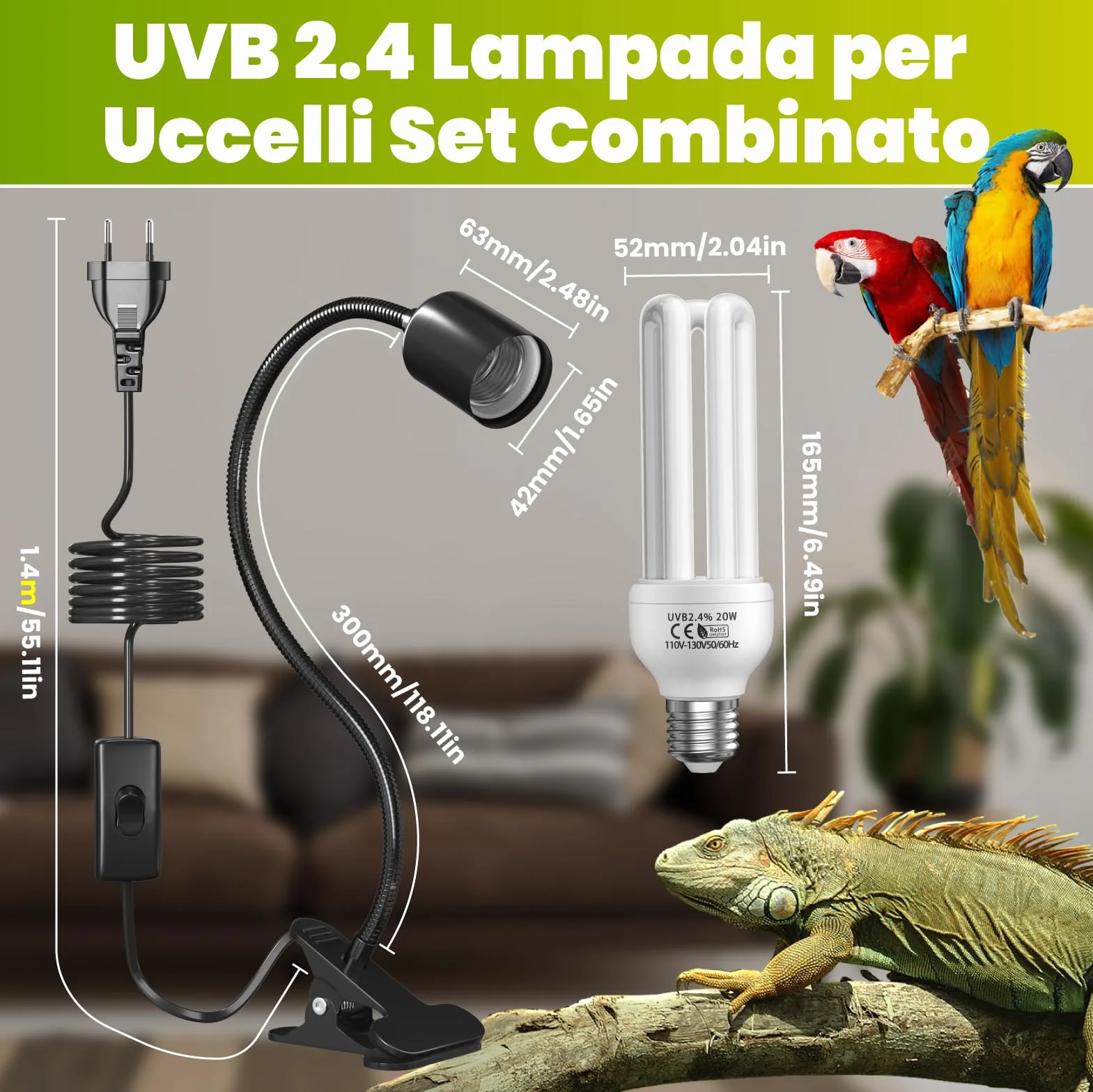 Lampada per uccelli UVB 2.4 E27 20W a morsetto GlowUp set completo