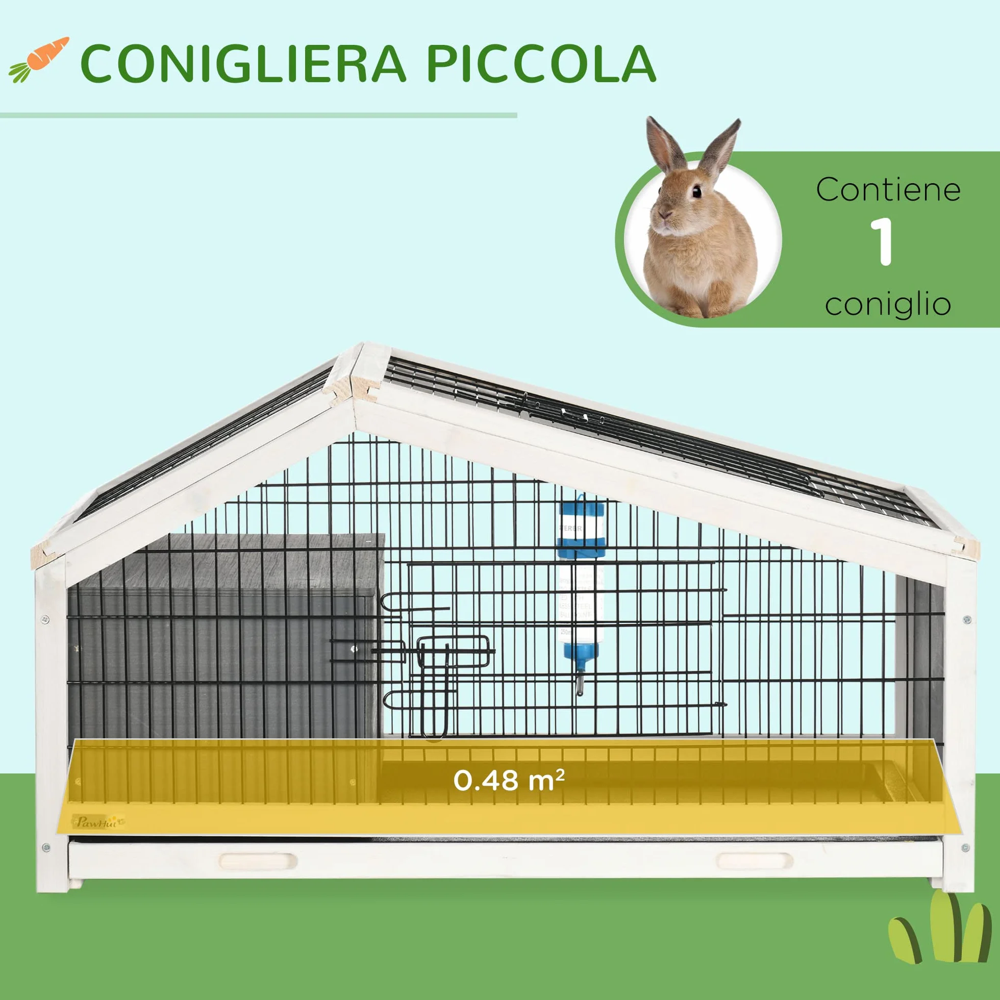 PawHut Gabbietta per 1 Conigli in Legno con Vassoio Estraibile, Casetta e Area Aperta, 90x53x50cm, Grigio Scuro