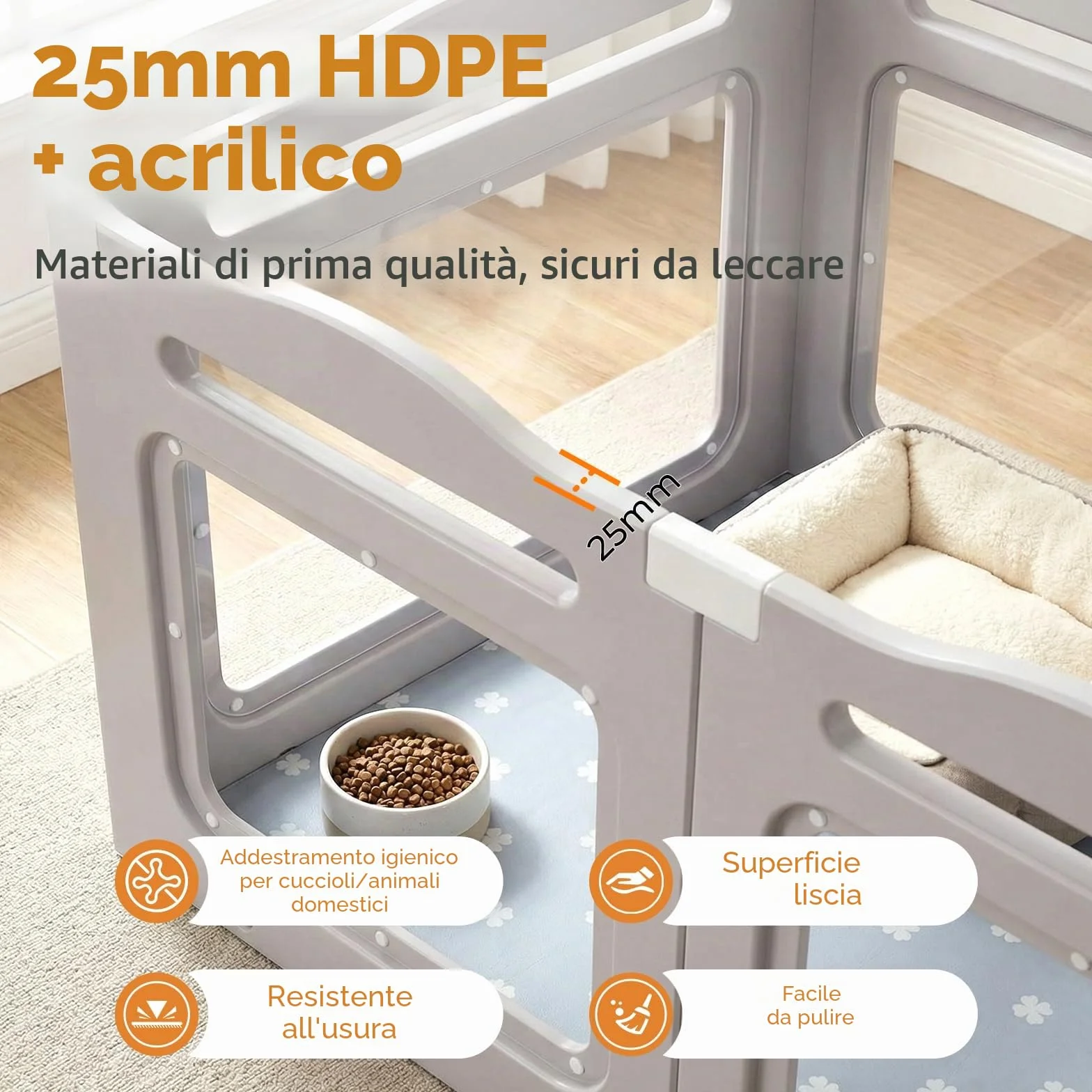 MAMIZO Recinto per Cani Acrilico 126 × 68 cm, Box per Cuccioli con Ruote e Base, Box per il Parto Cani con Cuscinetto Impermeabile, 5+1 PCS Pannelli Parco per Cani adatto Appartamento, Grigio Caldo